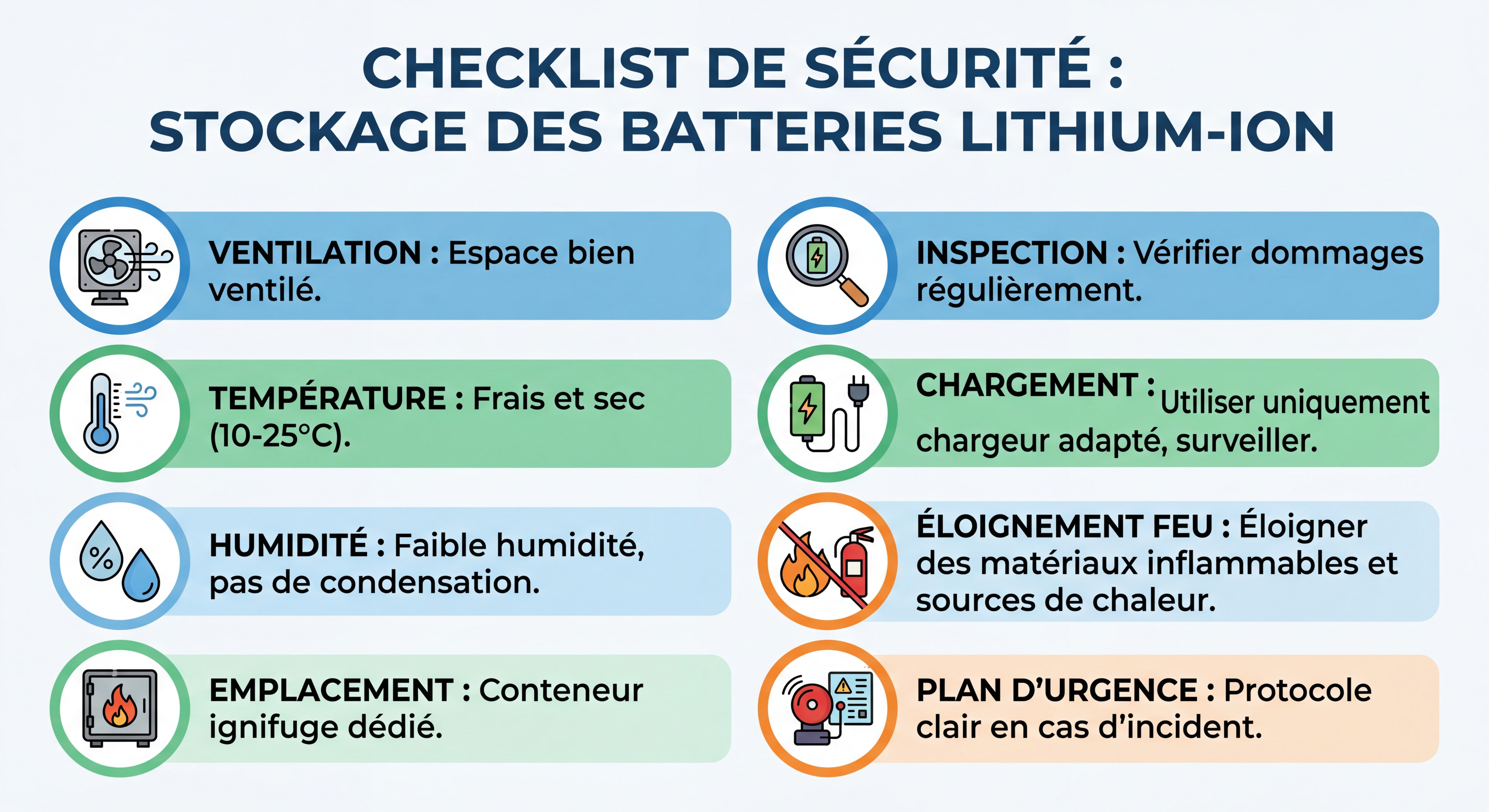 Infographie représentant la checklist de sécurité pour le stockage de batteries lithium-ion avec icônes