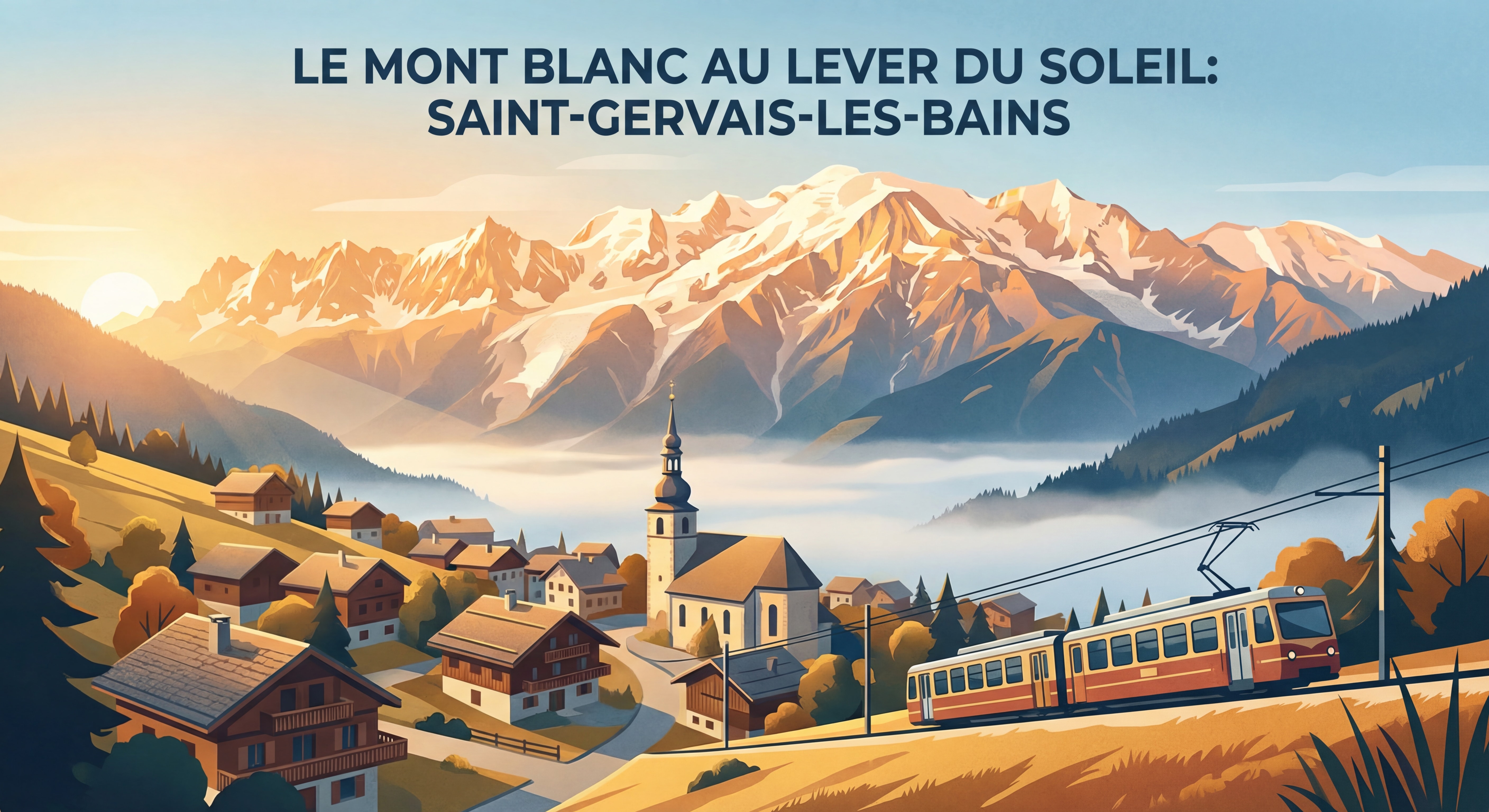 Vue panoramique du Mont Blanc au lever du soleil depuis Saint-Gervais-les-Bains avec le village alpin en premier plan