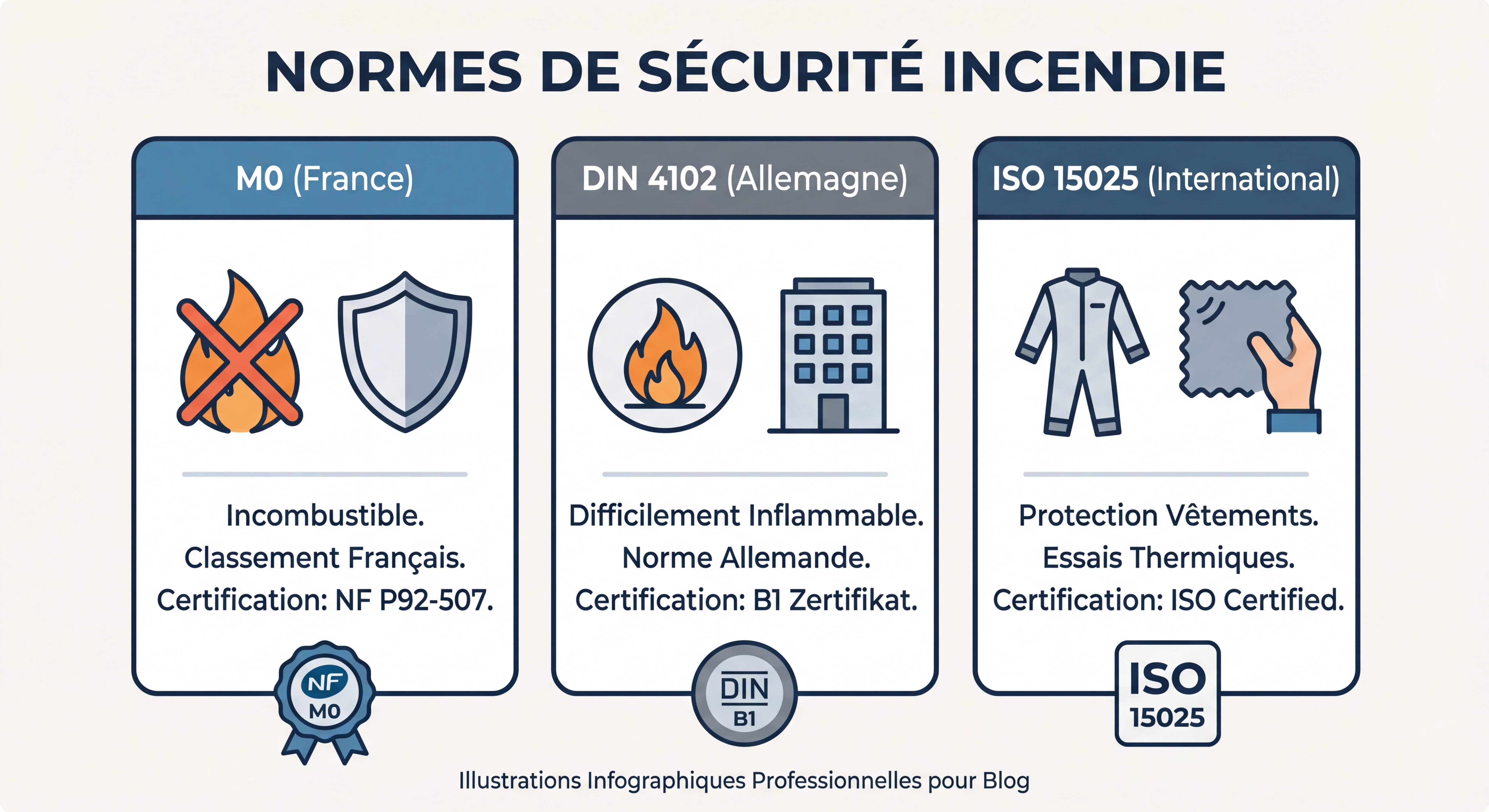 Infographie illustrant les différentes normes de sécurité incendie M0, DIN 4102, ISO 15025 avec pictogrammes et certifications