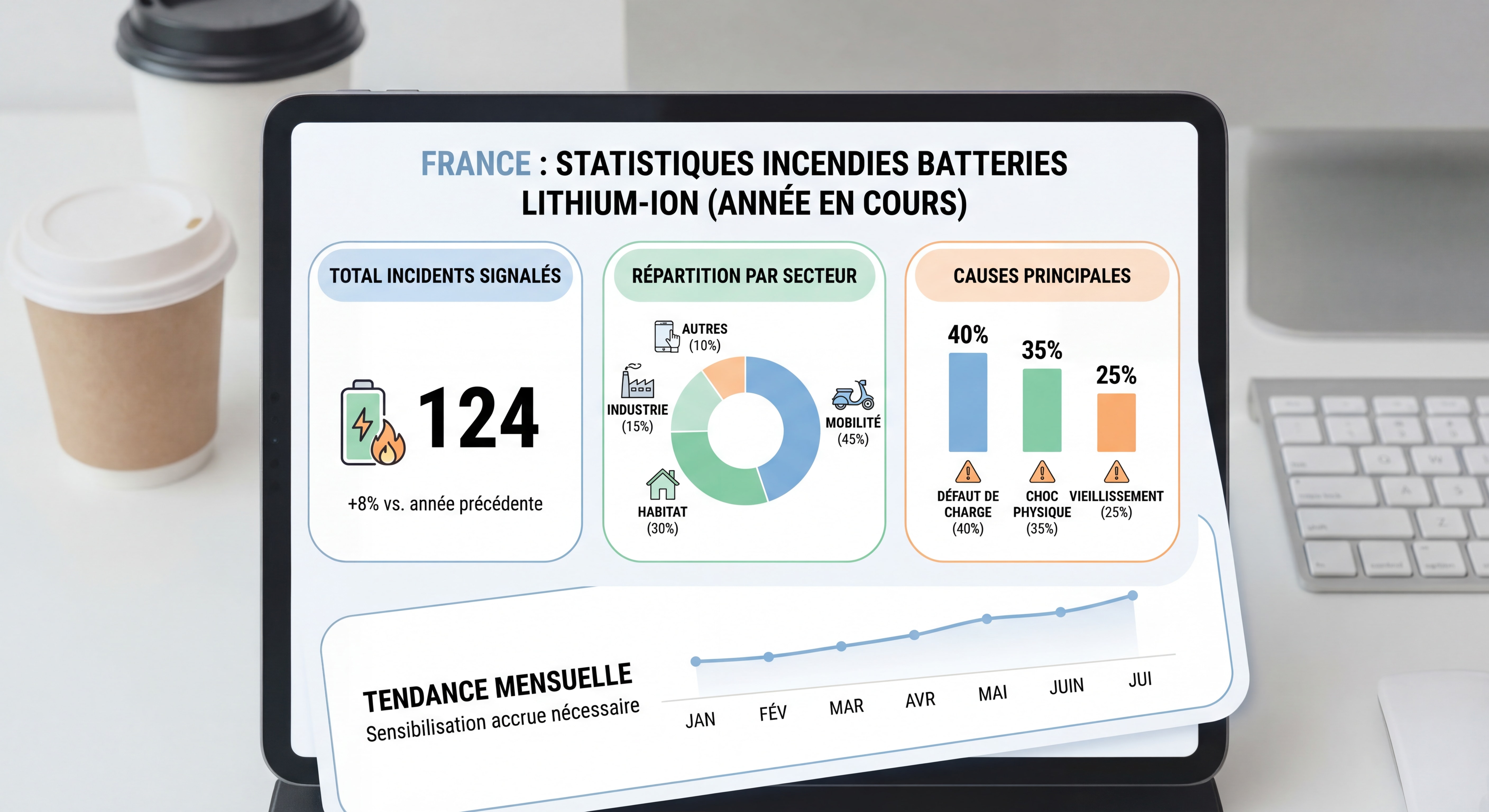 Tableau de bord visuel présentant les statistiques clés sur les incendies de batteries lithium-ion en France avec graphiques et icônes