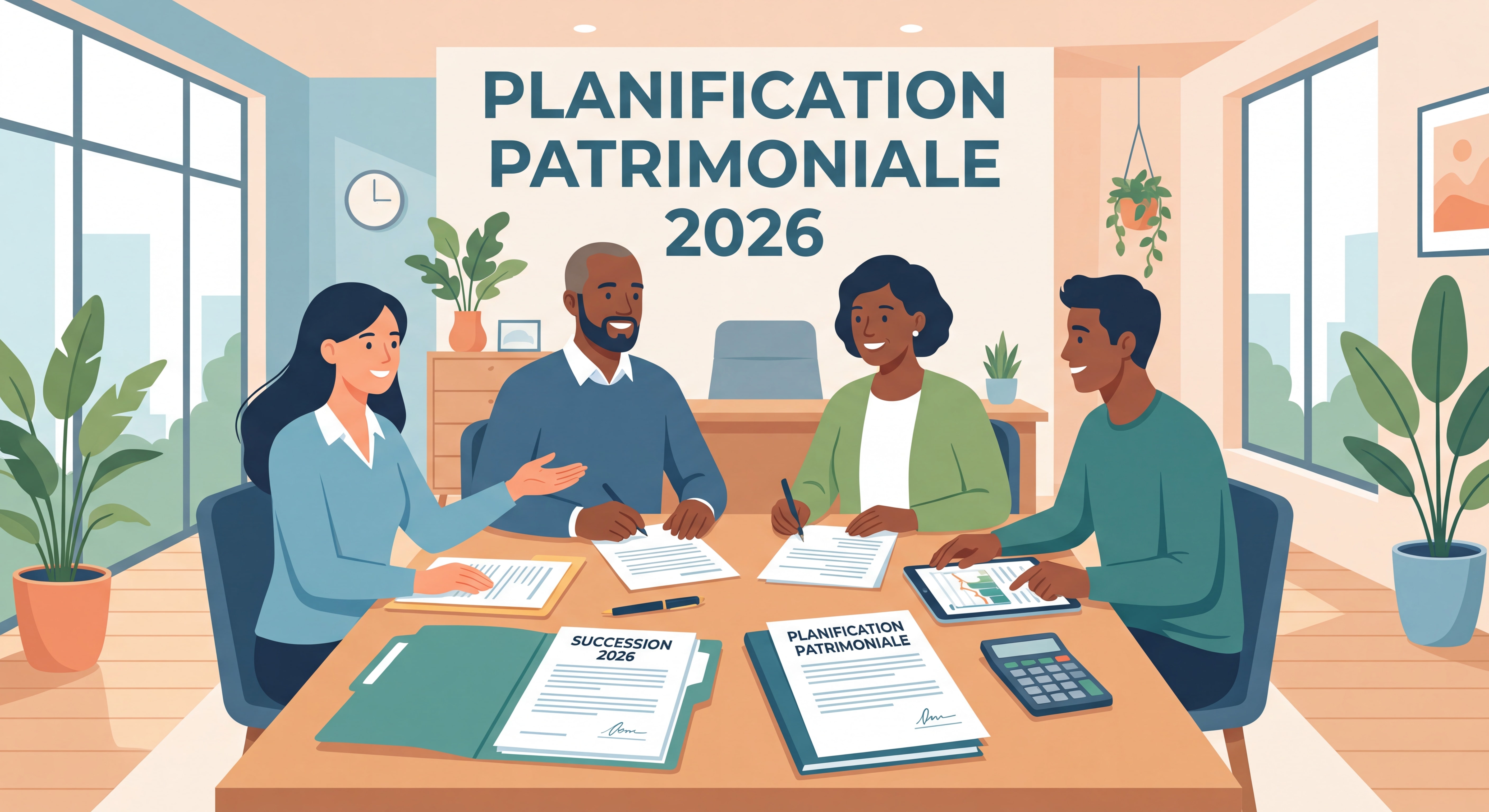 Famille réunie autour d'une table avec documents de succession et calculatrice - planification patrimoniale 2026