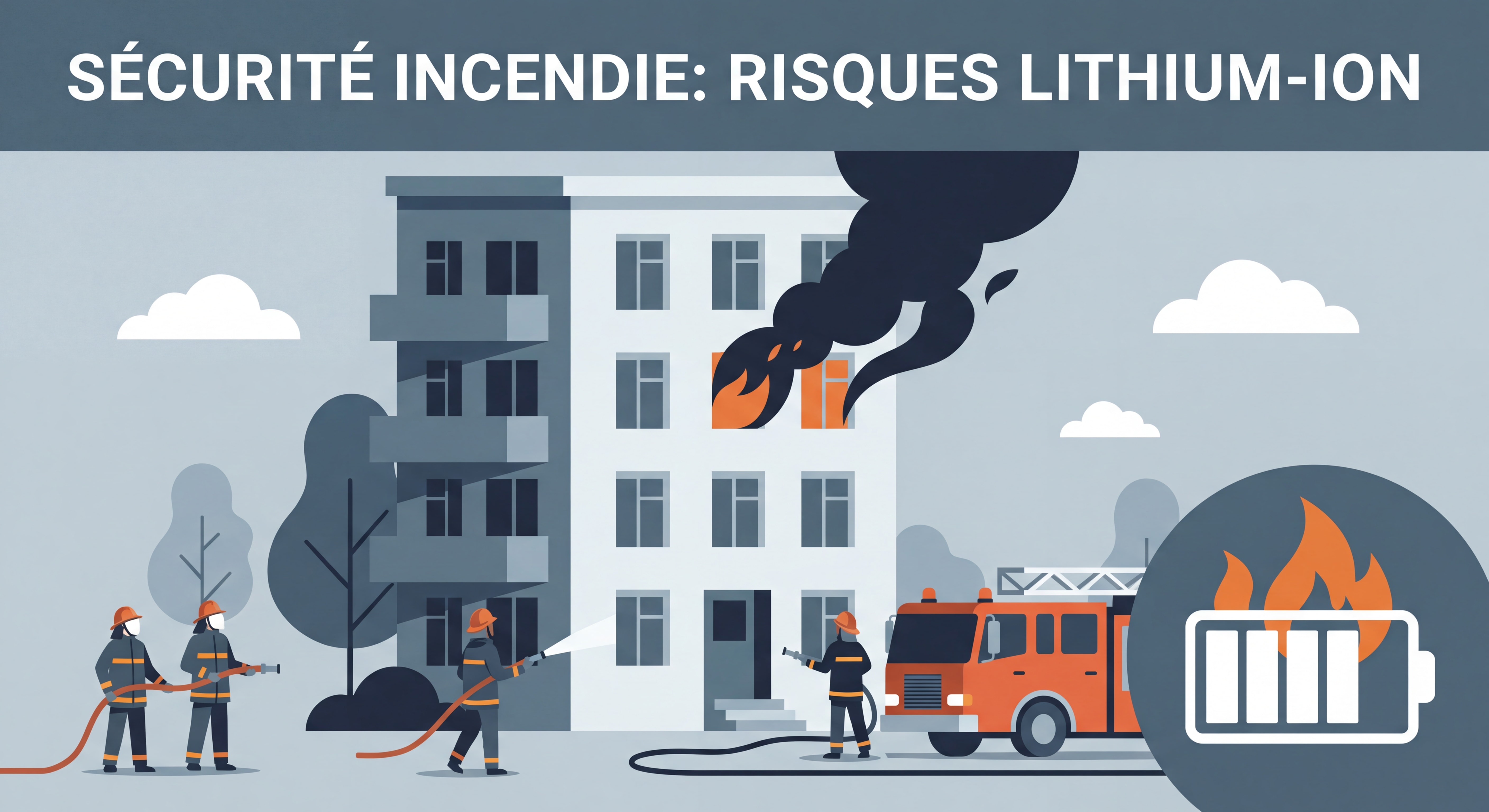 Pompiers intervenant sur un incendie de batterie lithium-ion dans un immeuble résidentiel avec fumée noire dense