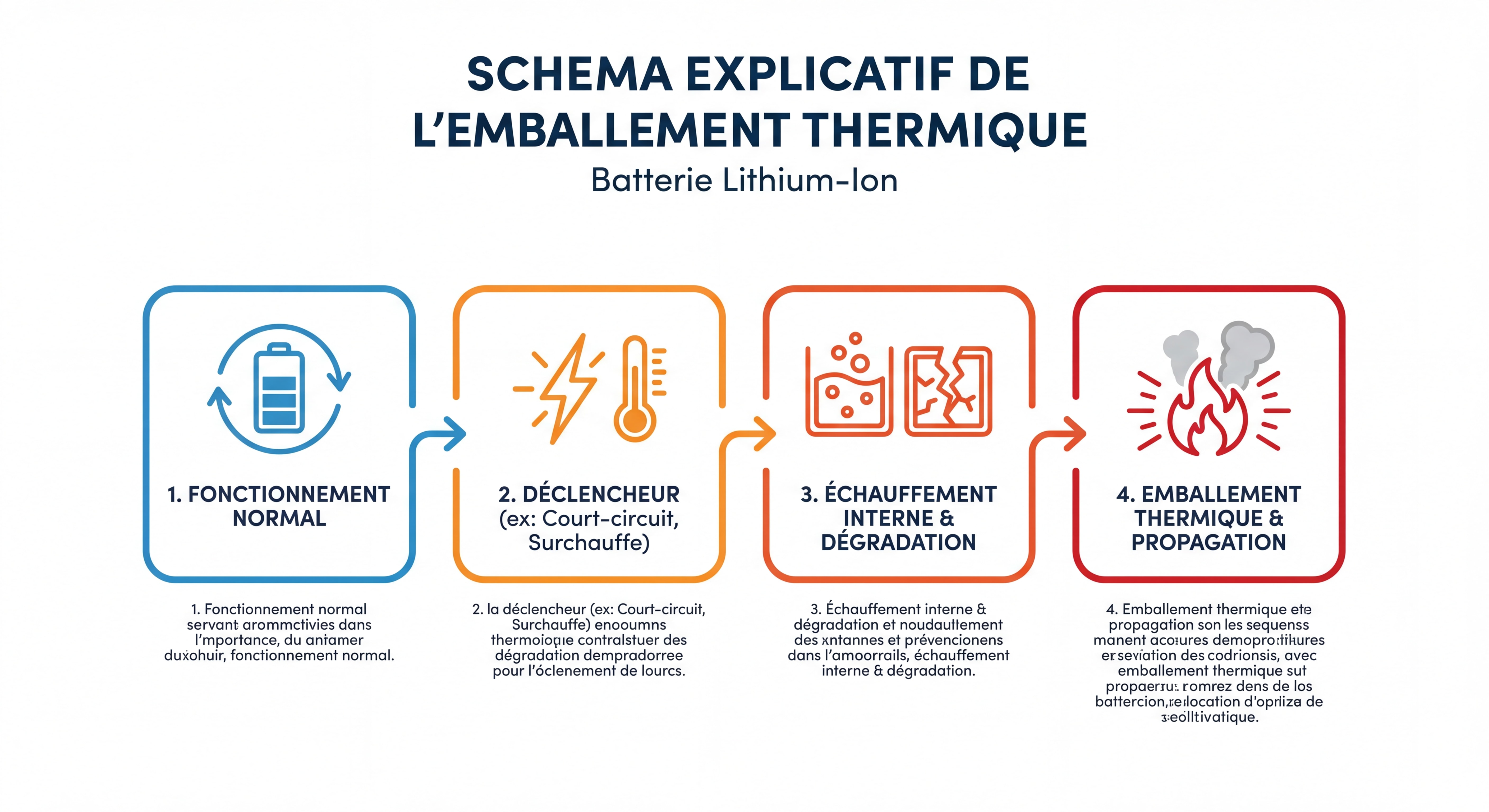 Schéma explicatif de l'emballement thermique d'une batterie lithium-ion avec les différentes étapes du processus