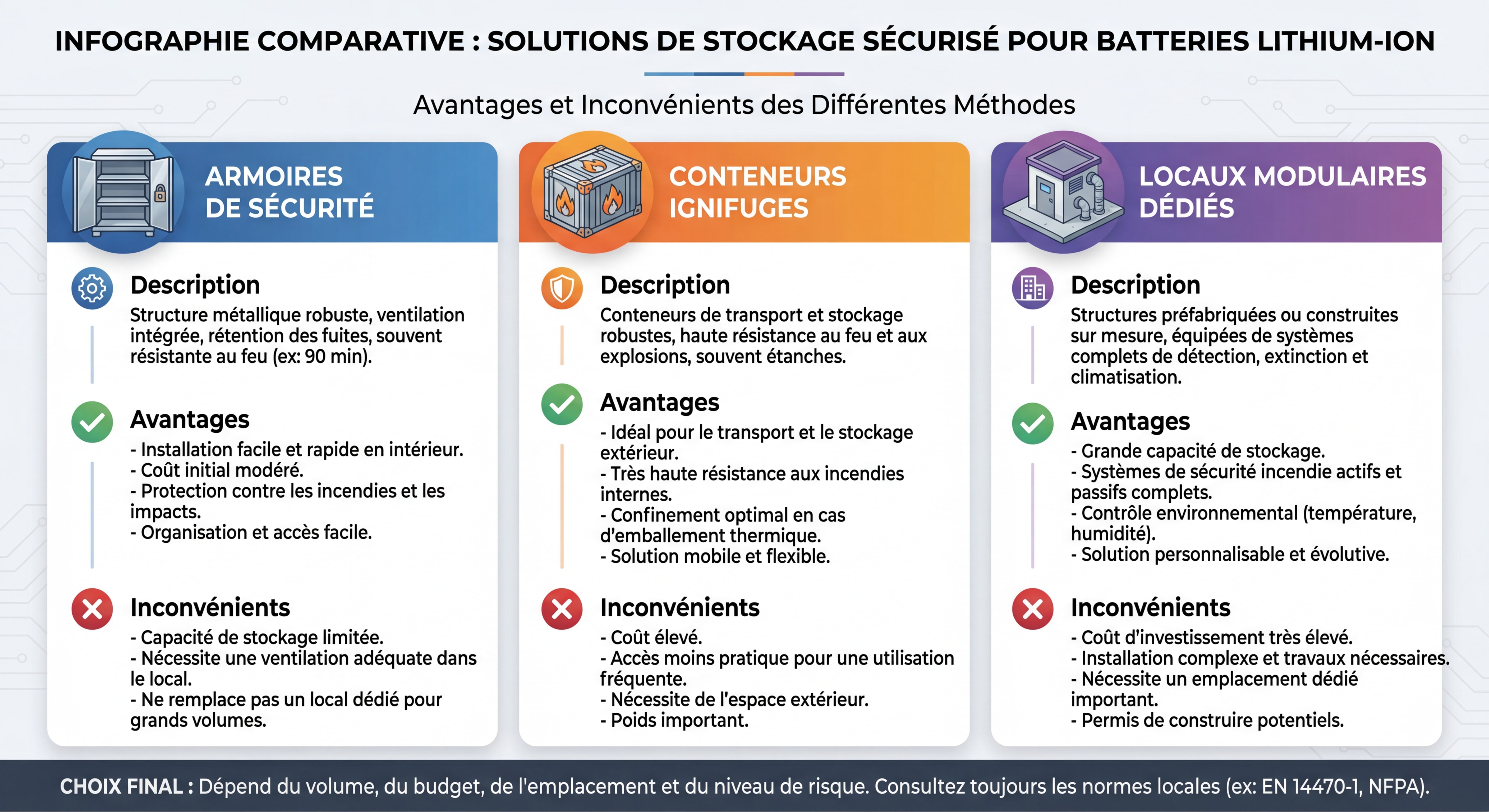 Infographie comparative des différentes solutions de stockage sécurisé pour batteries lithium-ion avec avantages et inconvénients