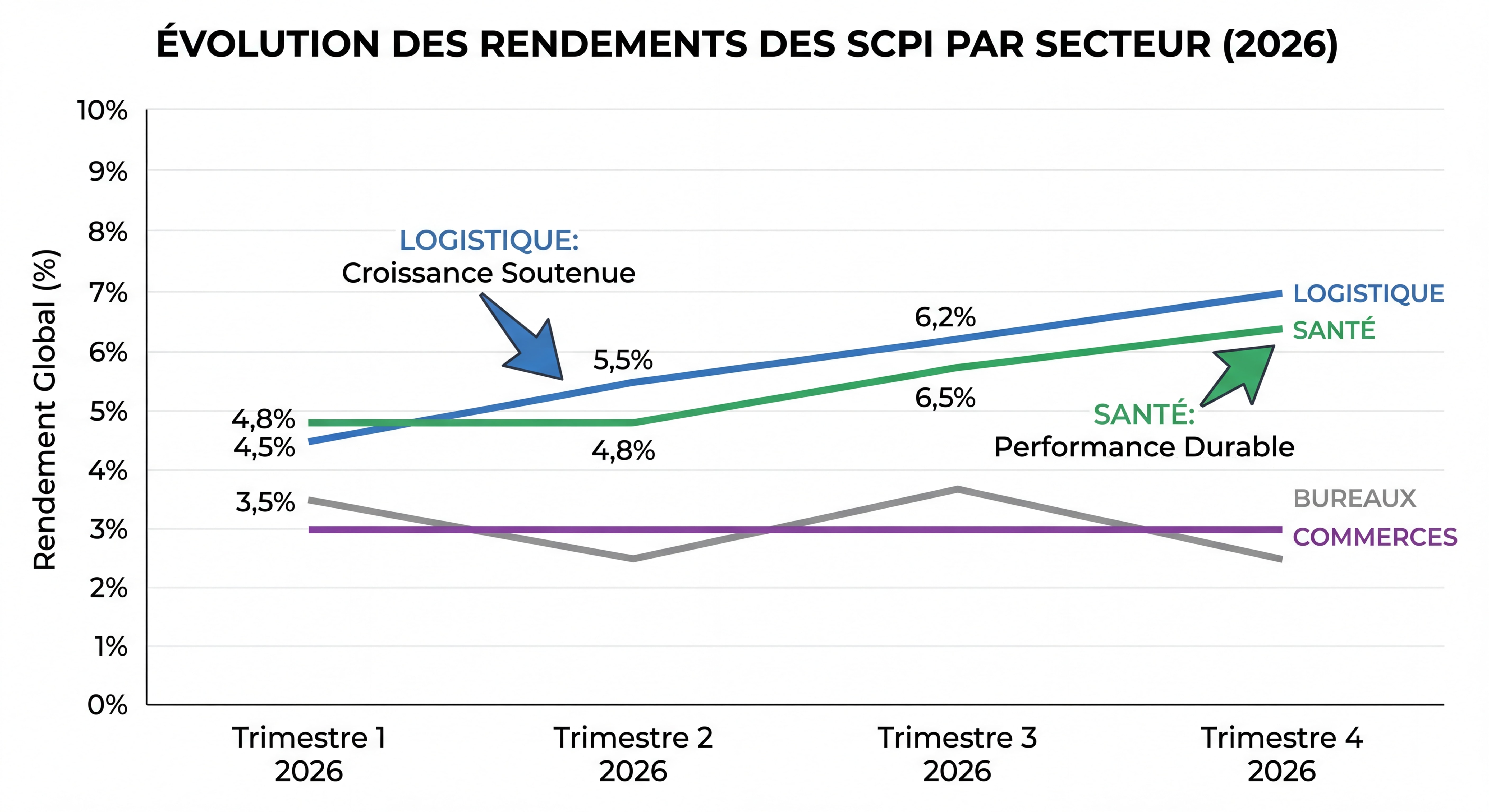 Graphique montrant l'évolution des rendements des SCPI par secteur en 2026, avec mise en avant de la logistique et de la santé