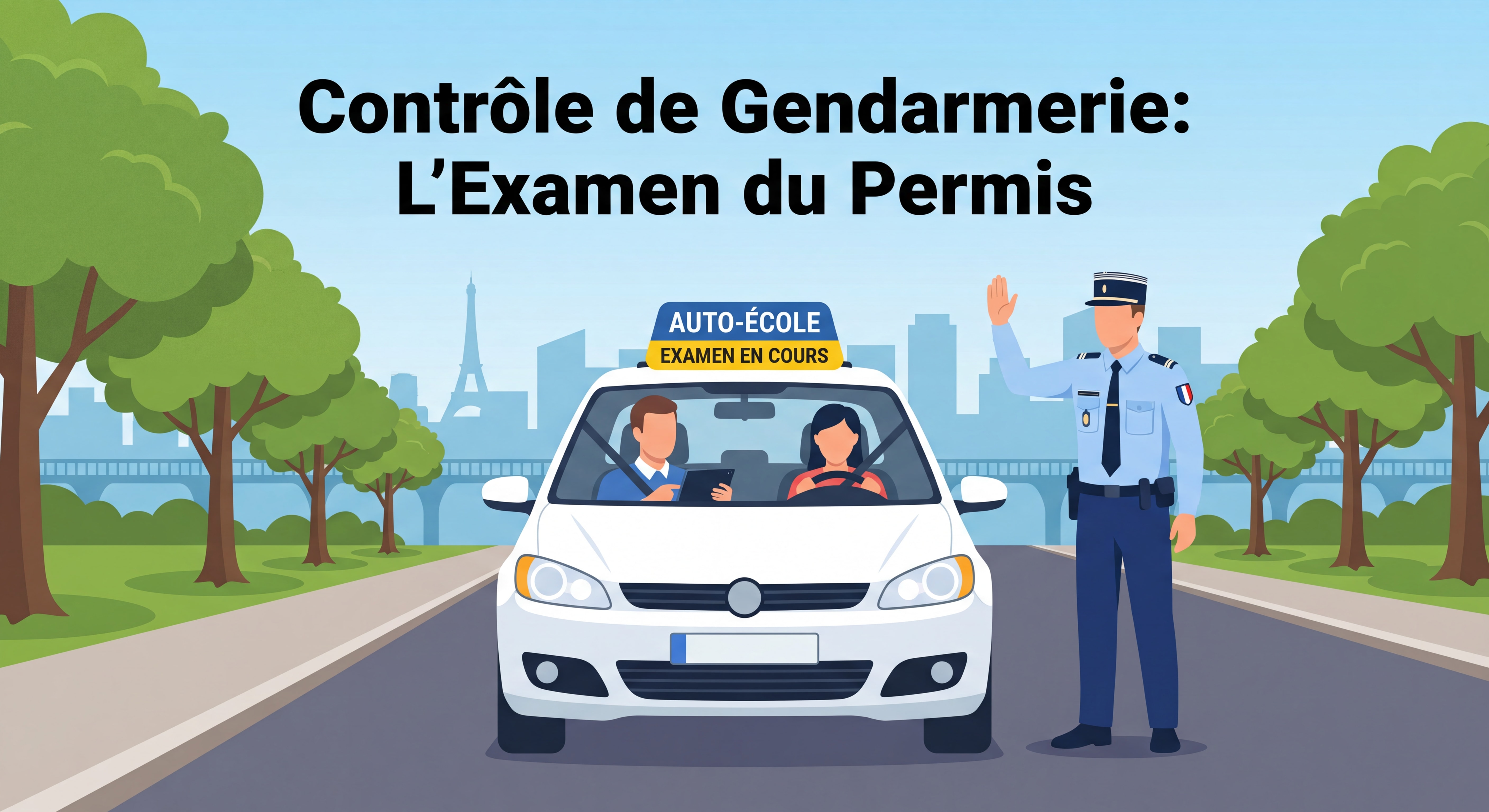 Contrôle de gendarmerie d'un moniteur auto-école lors d'un examen du permis de conduire en Île-de-France, véhicule auto-école avec panneau lumineux