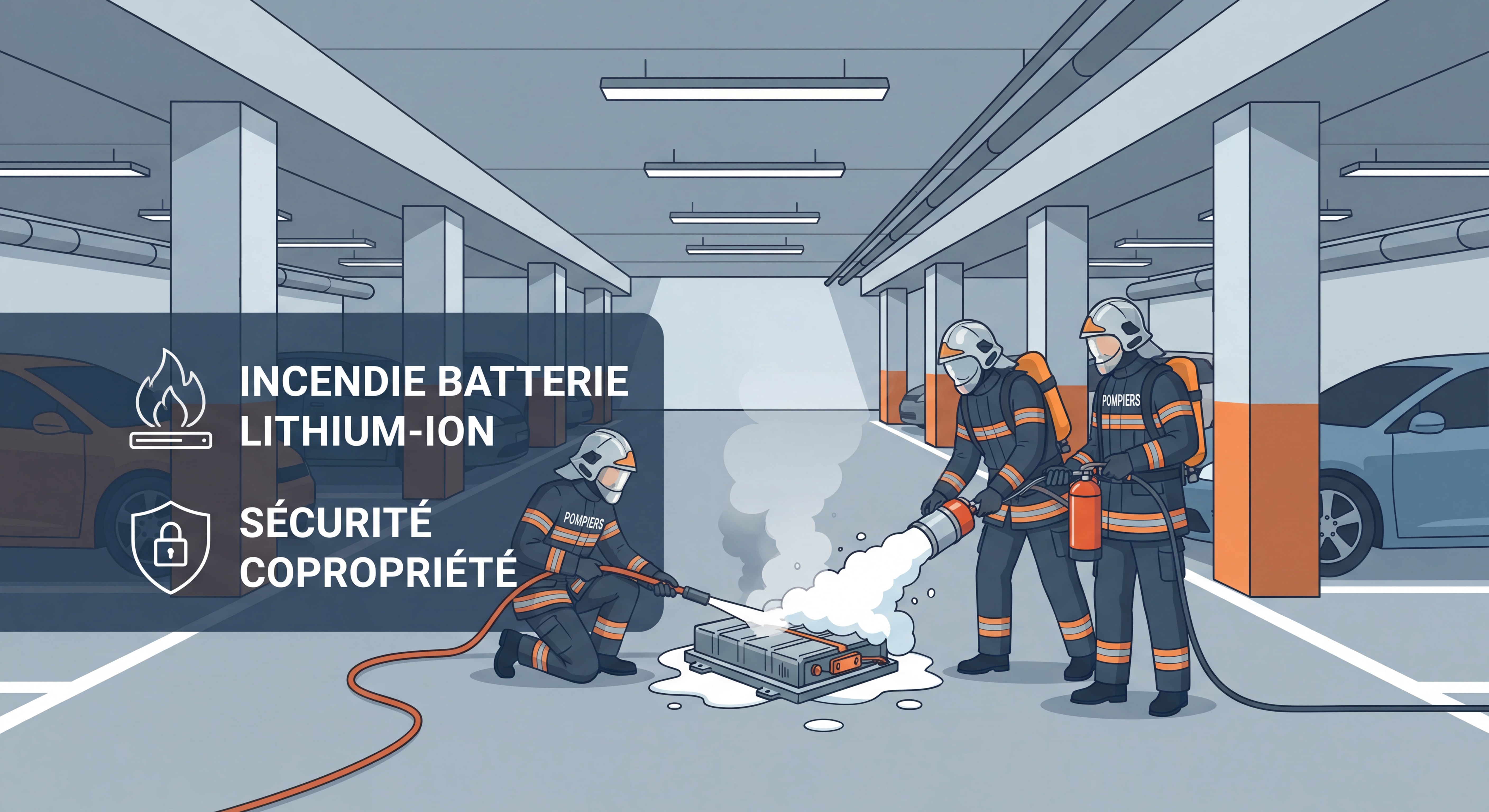 Pompiers intervenant sur un incendie de batterie lithium-ion dans un parking souterrain de copropriété