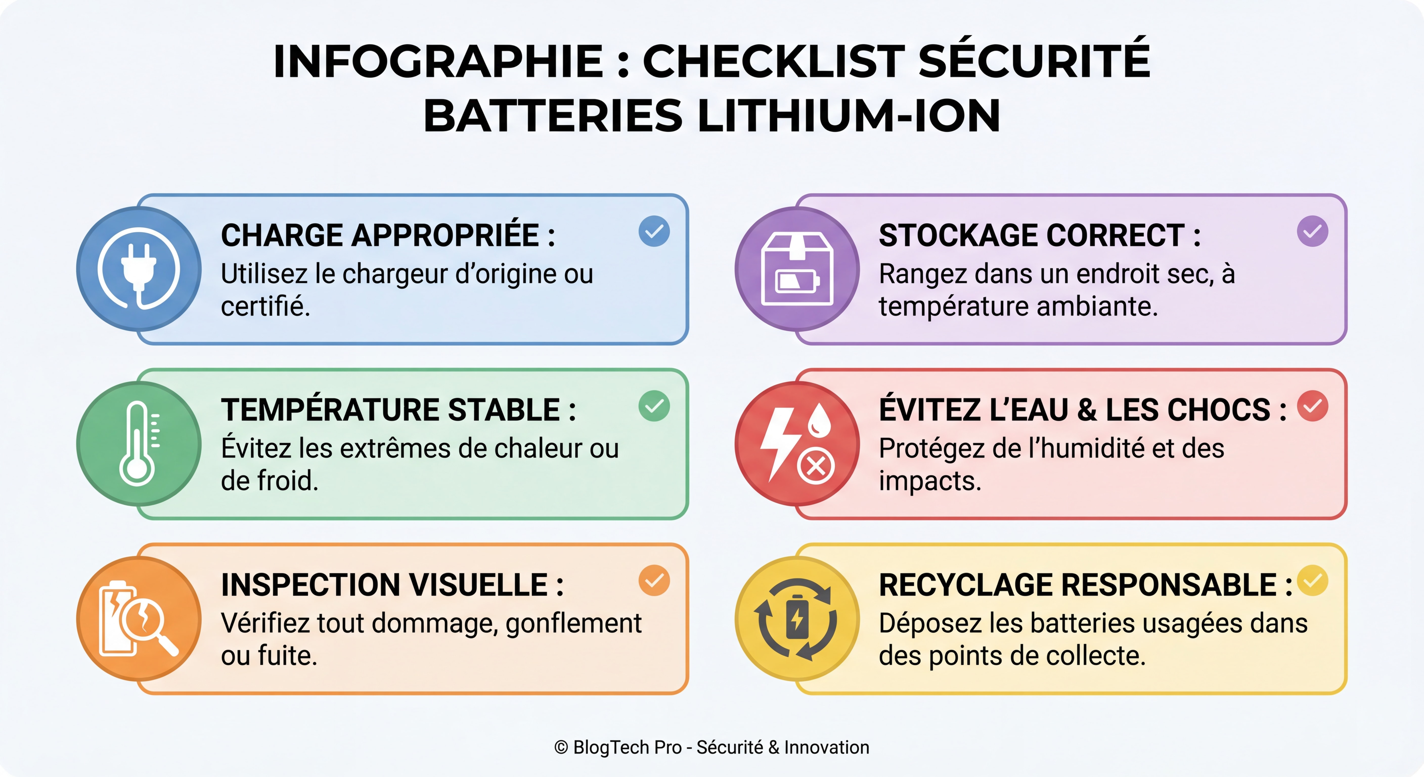 Infographie checklist sécurité batteries lithium-ion avec pictogrammes pour chaque point de contrôle