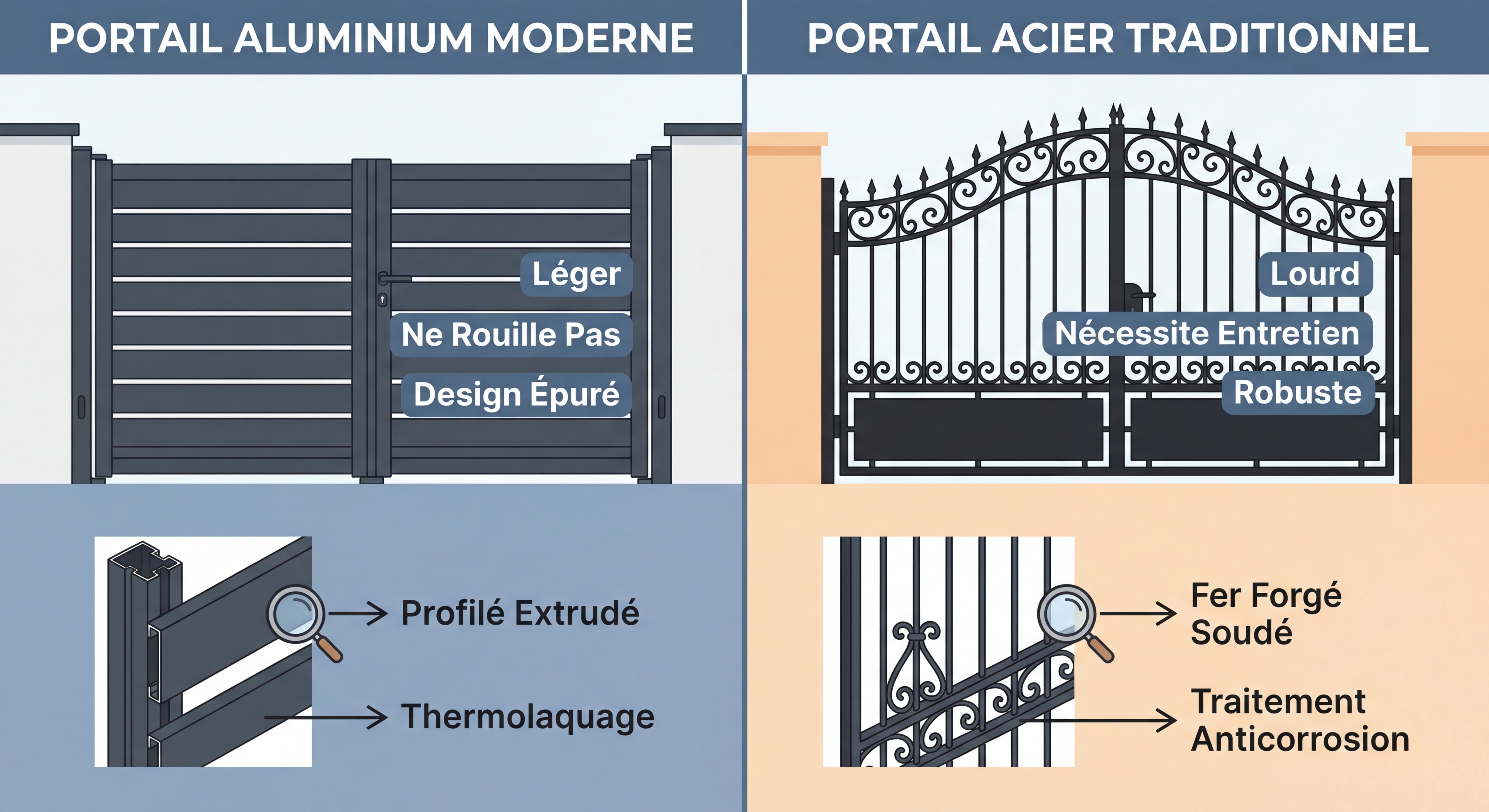 Comparatif visuel entre portail aluminium moderne et portail acier traditionnel avec détails techniques