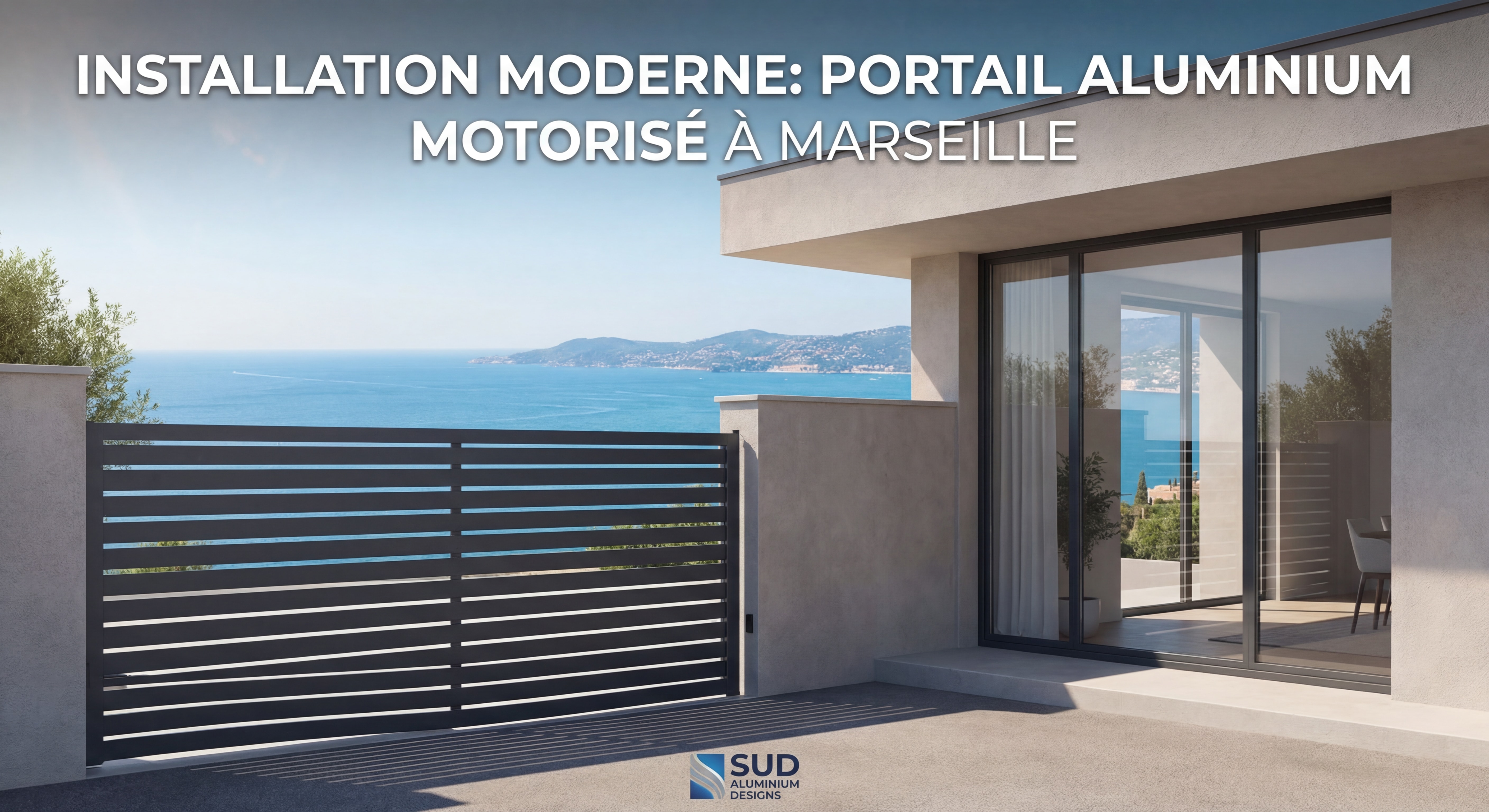 Portail aluminium motorisé moderne installé devant une villa à Marseille avec vue sur la Méditerranée