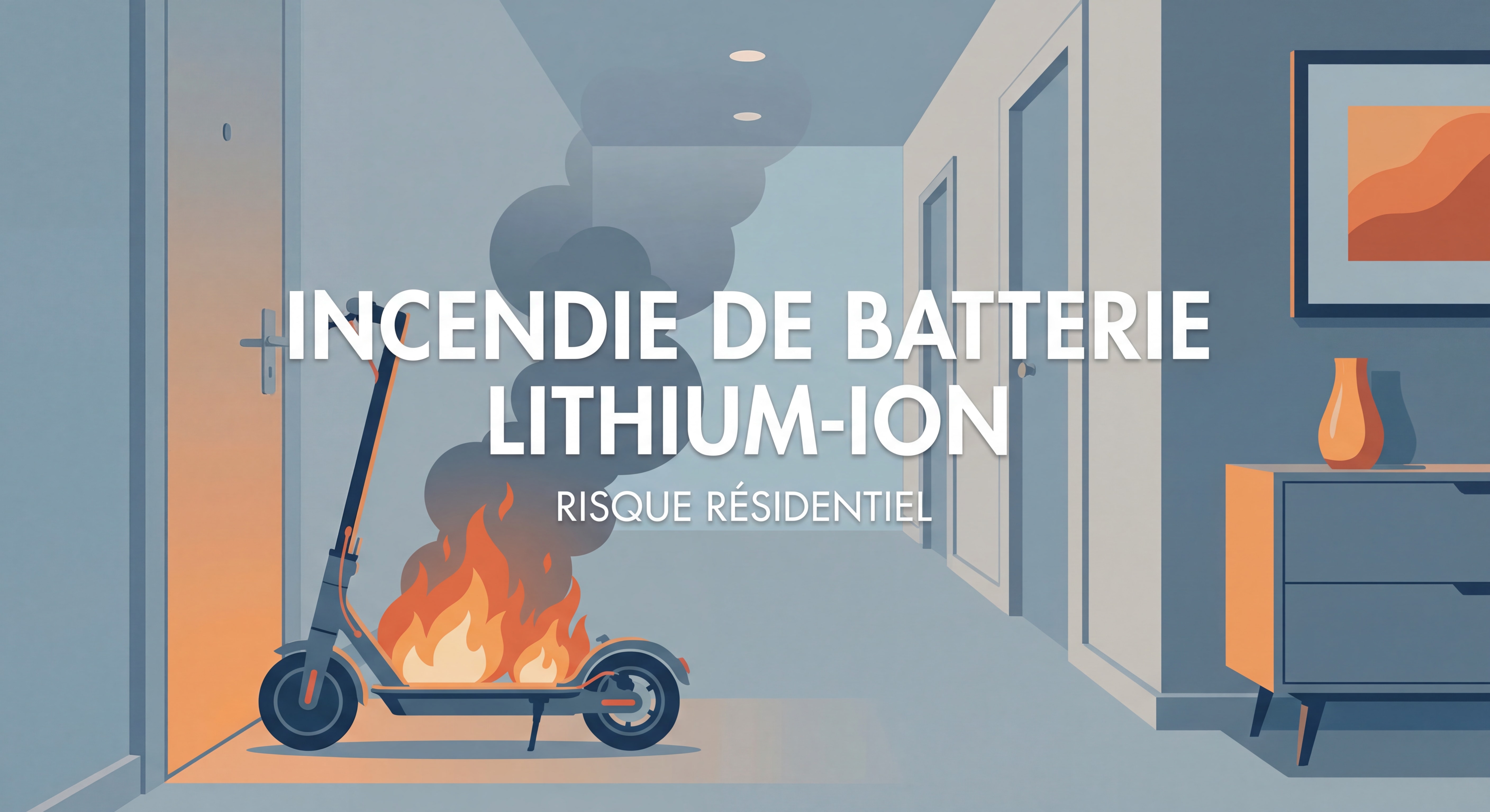 Incendie de batterie lithium-ion dans un immeuble résidentiel - trottinette électrique en feu dans un couloir d'entrée