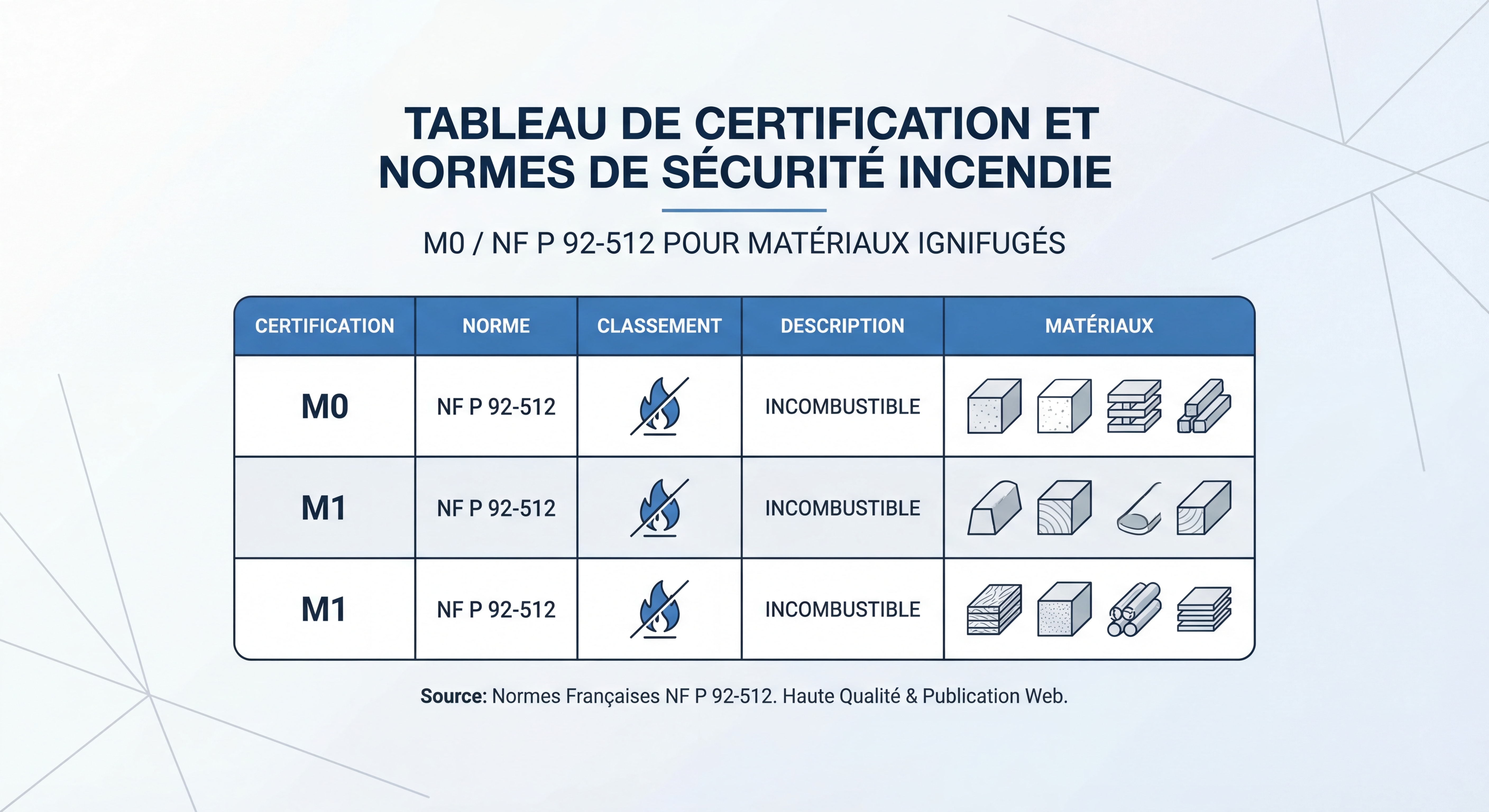 Tableau de certification et normes de sécurité incendie M0 NF P 92-512 pour matériaux ignifugés