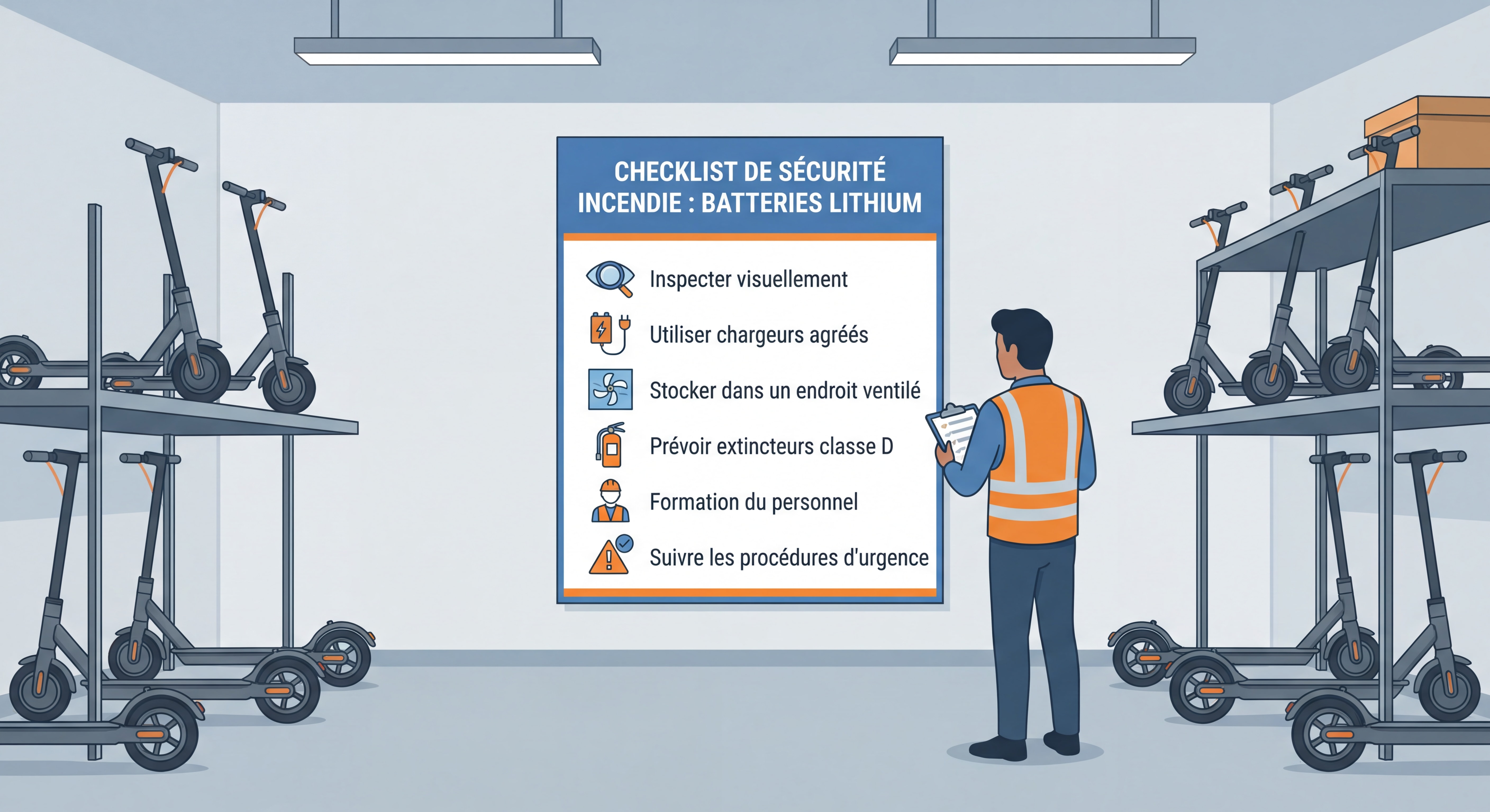 Checklist de sécurité incendie batteries lithium affichée dans un local de stockage de trottinettes électriques