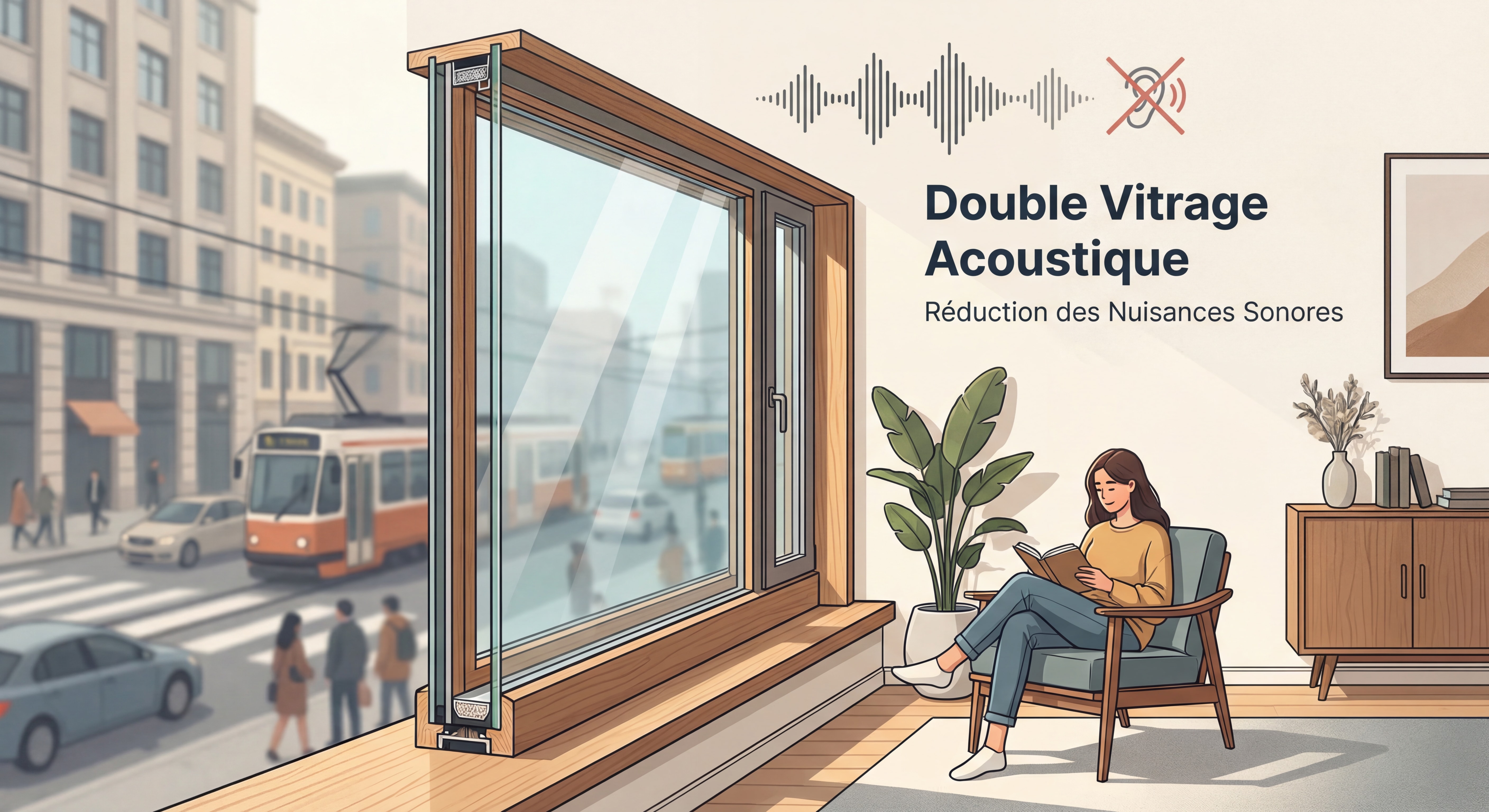 Fenêtre à double vitrage acoustique installée dans un appartement urbain moderne pour réduire les nuisances sonores