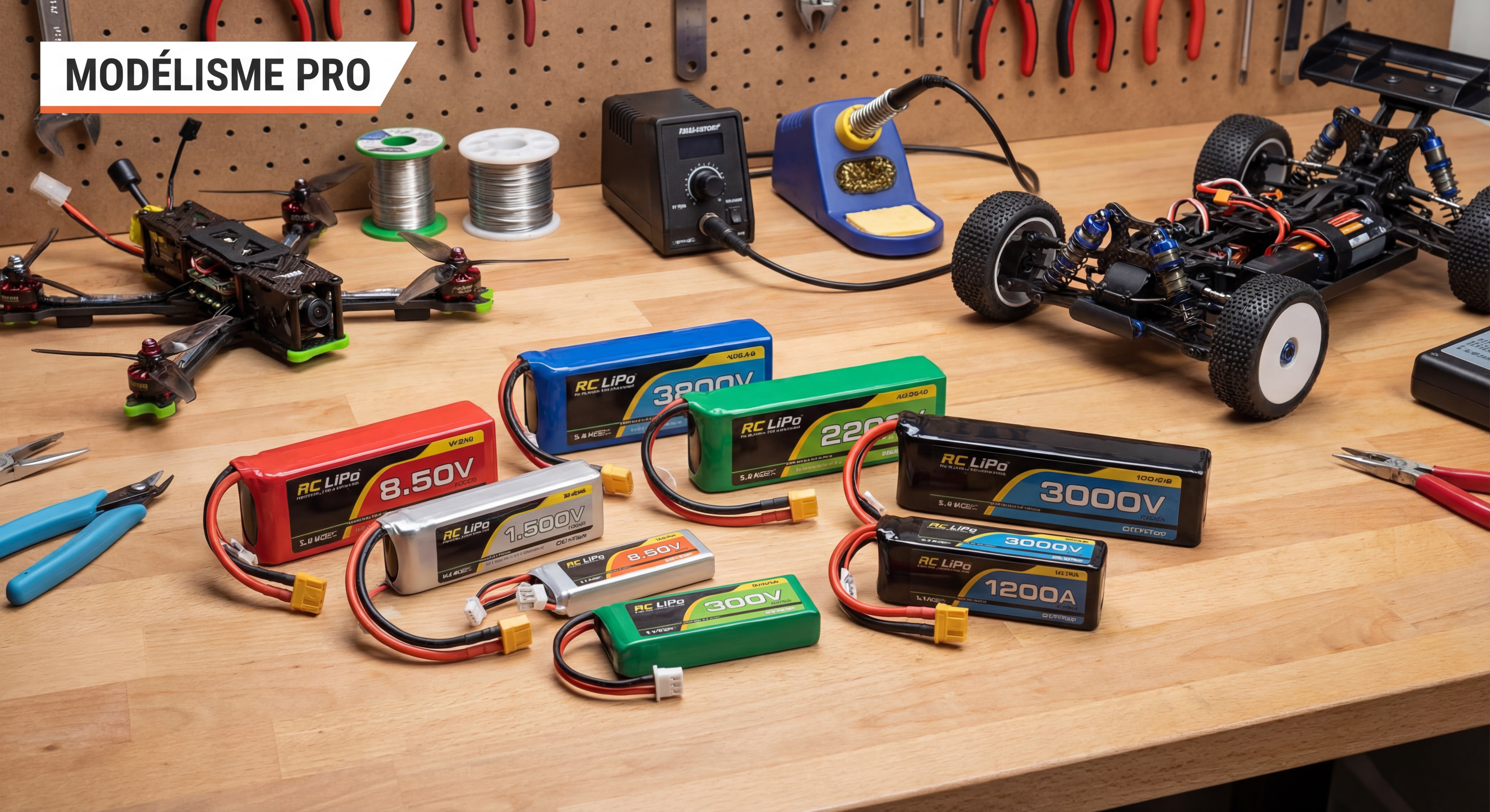 Pack de batteries LiPo RC multicolores pour voitures radiocommandées, drones et avions RC posées sur un établi d'atelier de modélisme