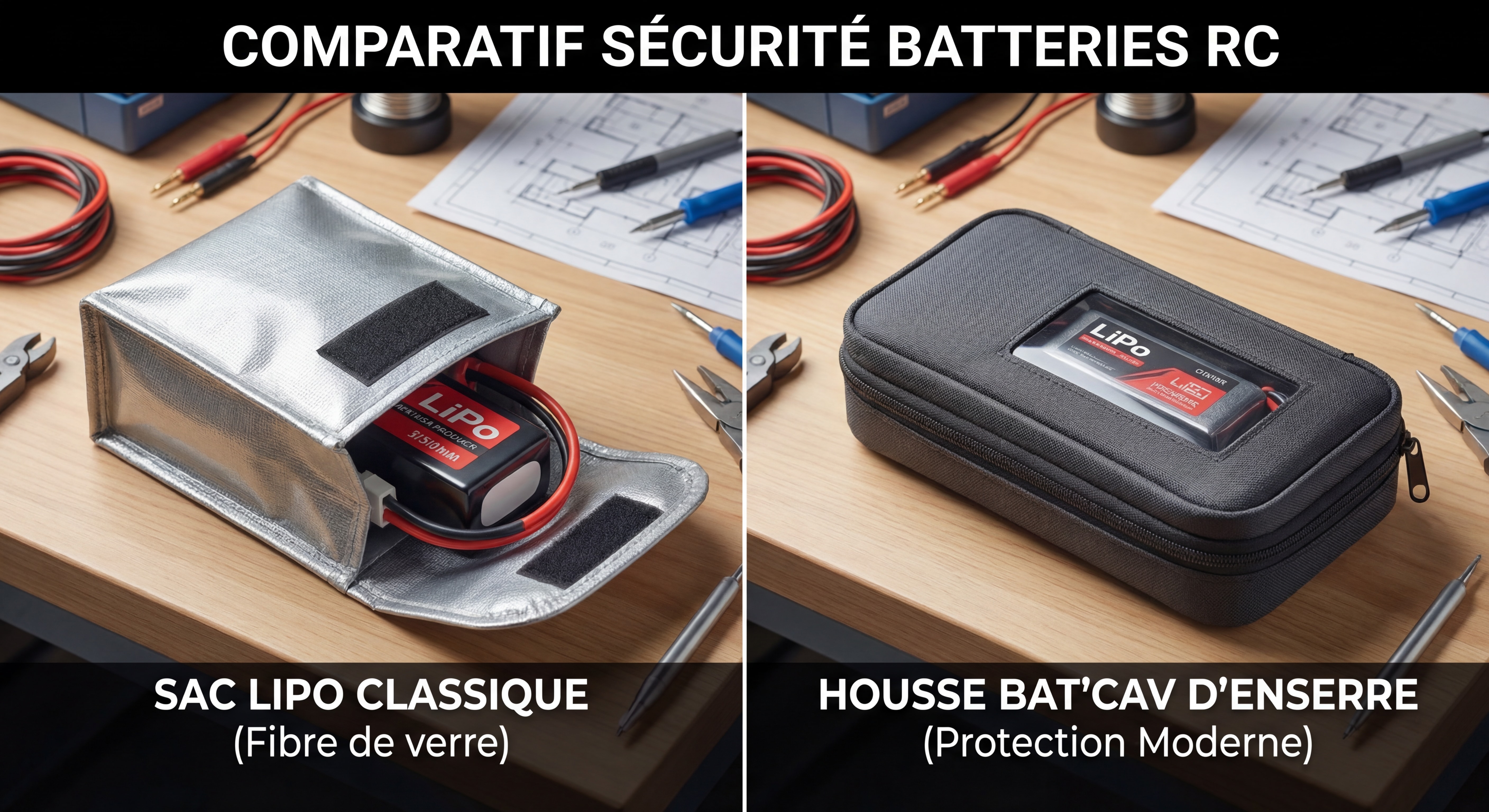 Comparatif côte à côte entre un sac LiPo classique en fibre de verre et la housse Bat'Cav d'Enserre avec batterie RC insérée, sur fond d'atelier de modélisme