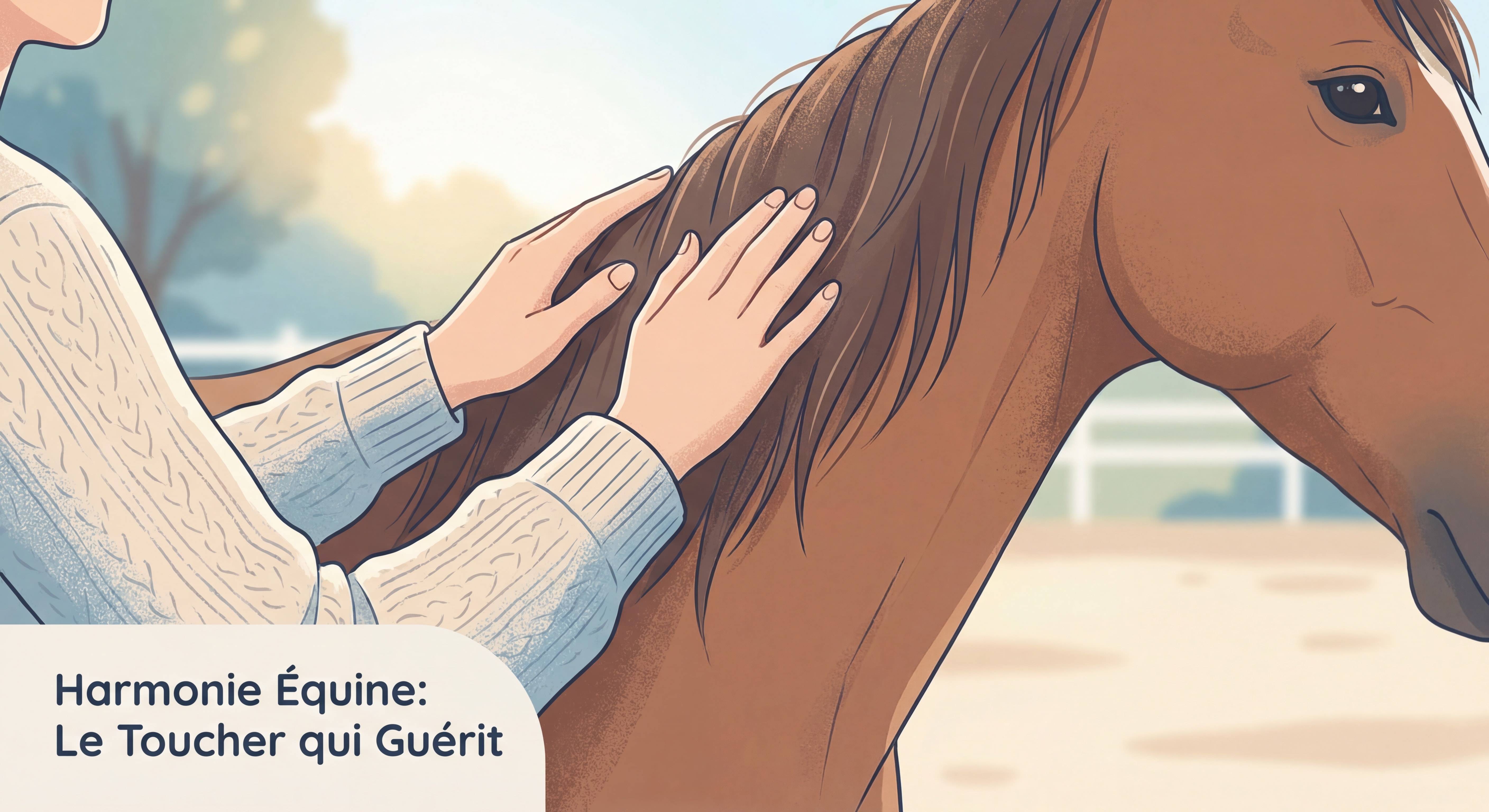 Interaction douce entre une personne et un cheval lors d'une séance d'équithérapie, gros plan sur les mains caressant l'encolure du cheval