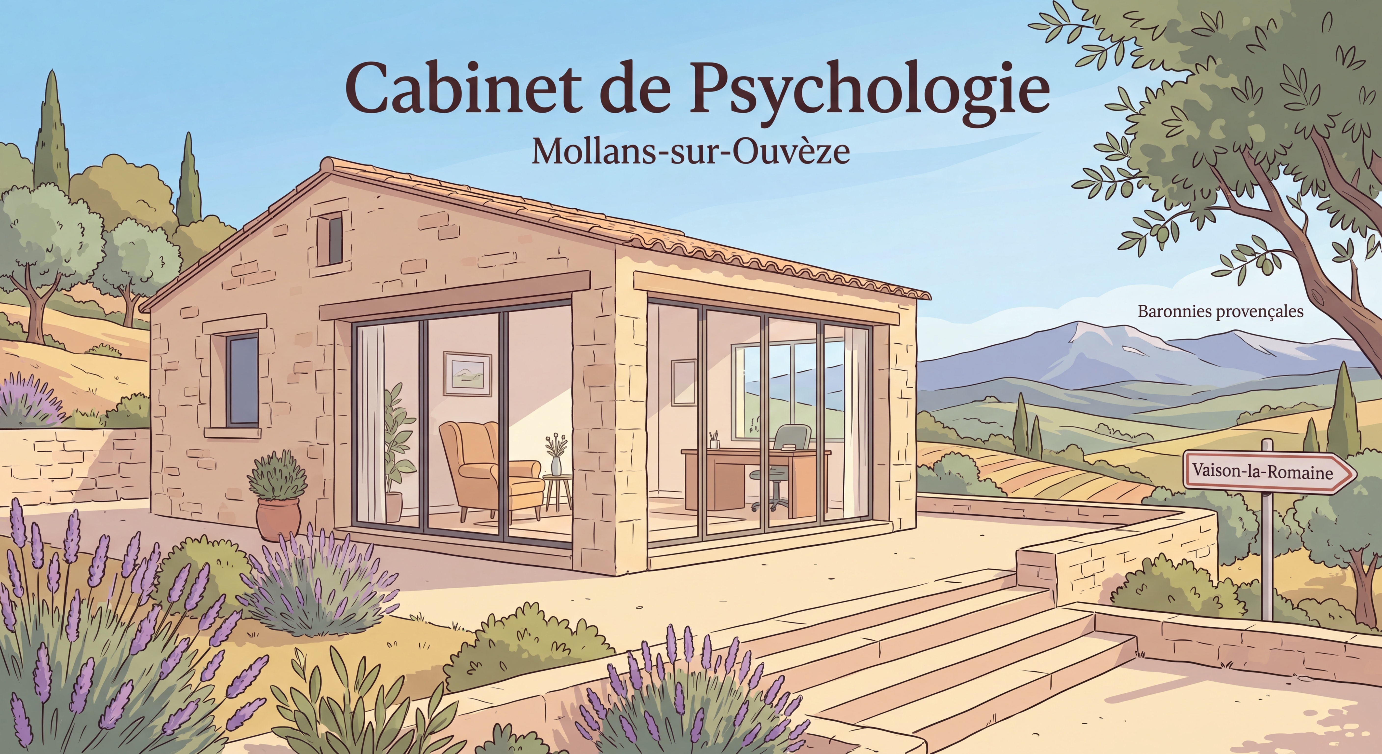 Cabinet de psychologie dans un cadre naturel provençal avec vue sur les Baronnies provençales, Mollans-sur-Ouvèze près de Vaison-la-Romaine