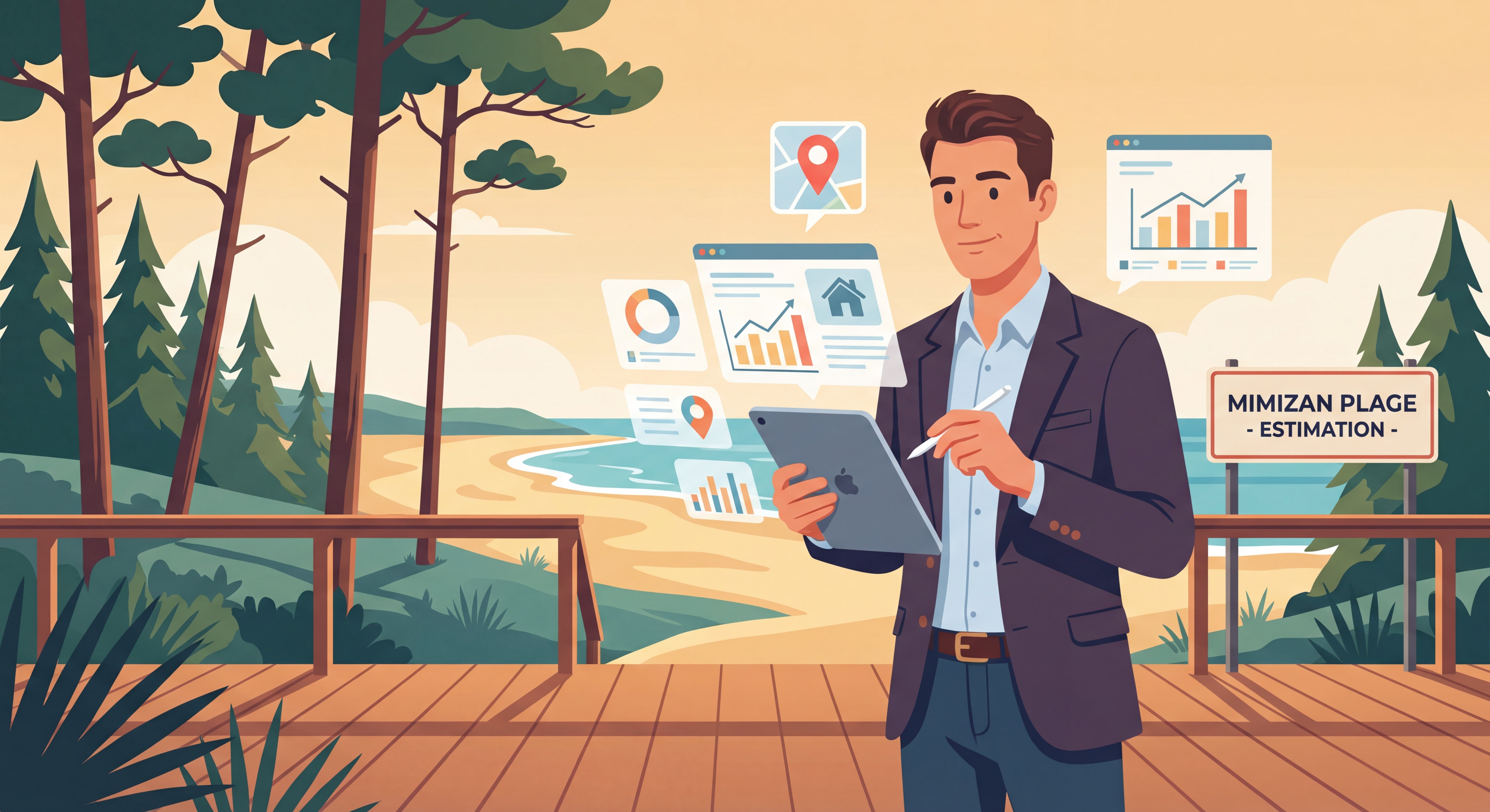 Conseiller immobilier professionnel réalisant une estimation immobilière à Mimizan avec tablette et outils numériques