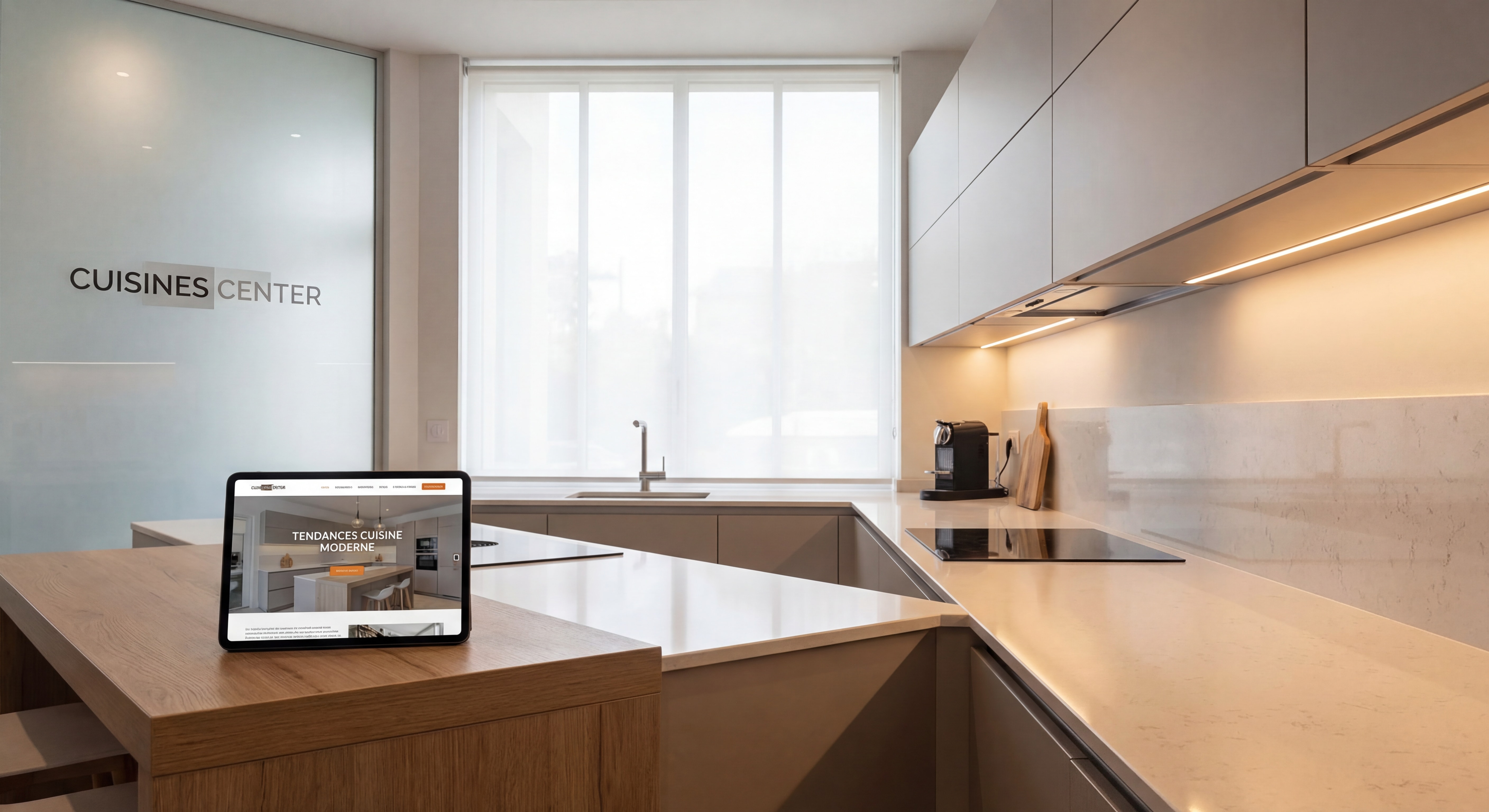 Cuisine moderne Cuisines Center avec éclairage LED intégré sous les meubles hauts et plan de travail parfaitement illuminé