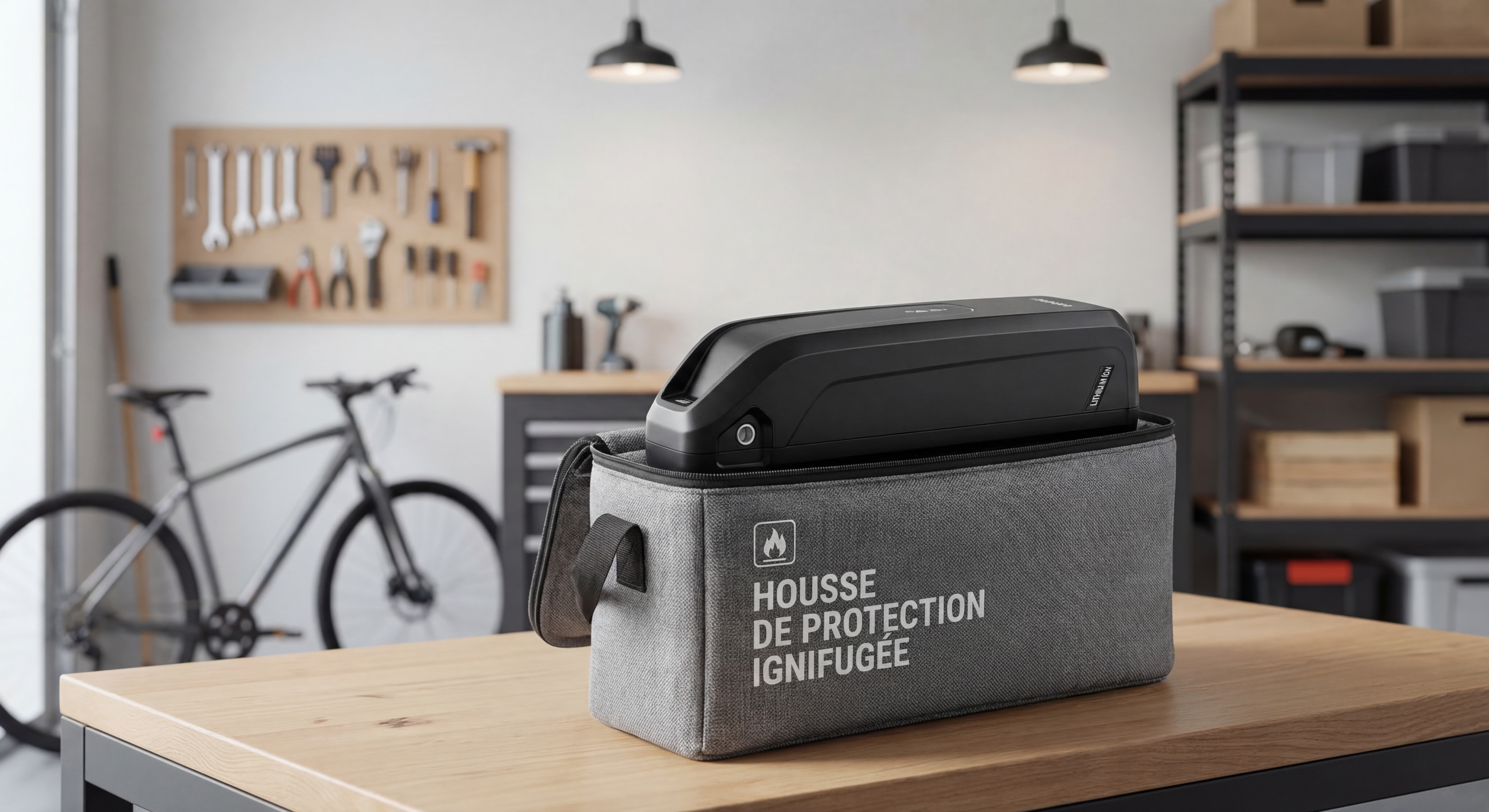 Batterie lithium-ion de VAE stockée dans une housse ignifugée de protection dans un garage domestique