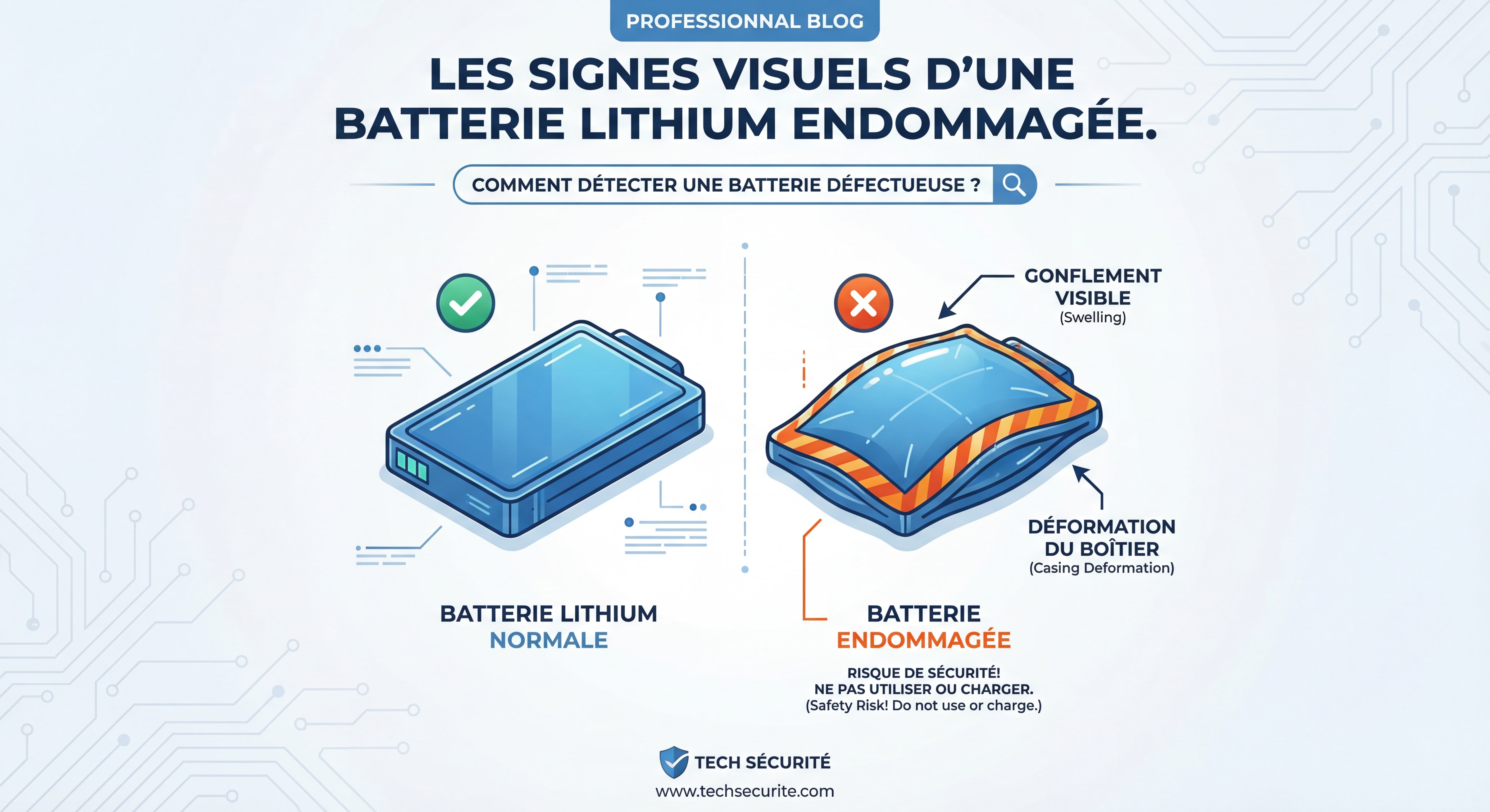 Infographie montrant les signes visuels d'une batterie lithium endommagée avec gonflement et déformation