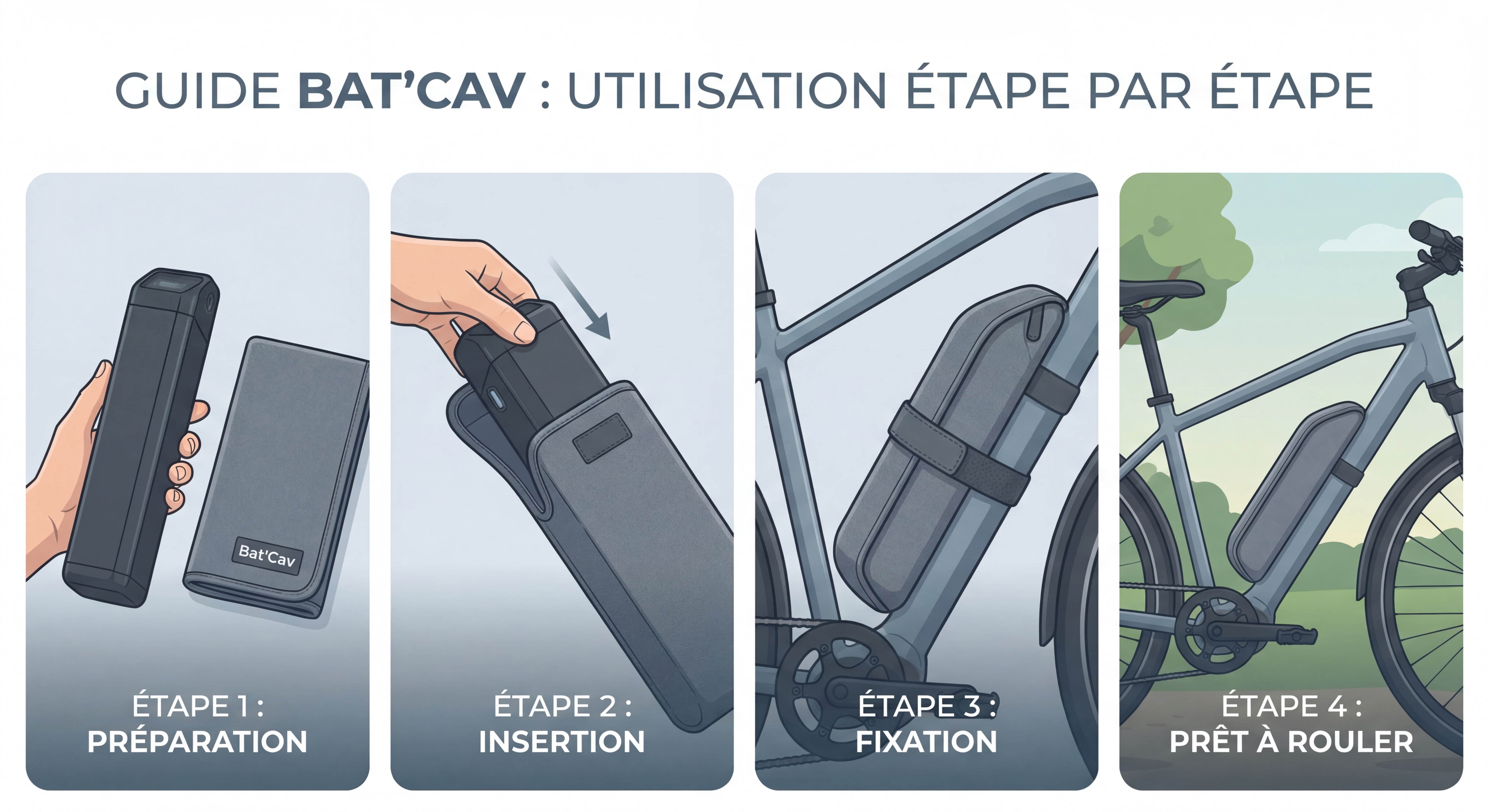 Démonstration étape par étape de l'utilisation d'une housse Bat'Cav pour batterie de vélo électrique