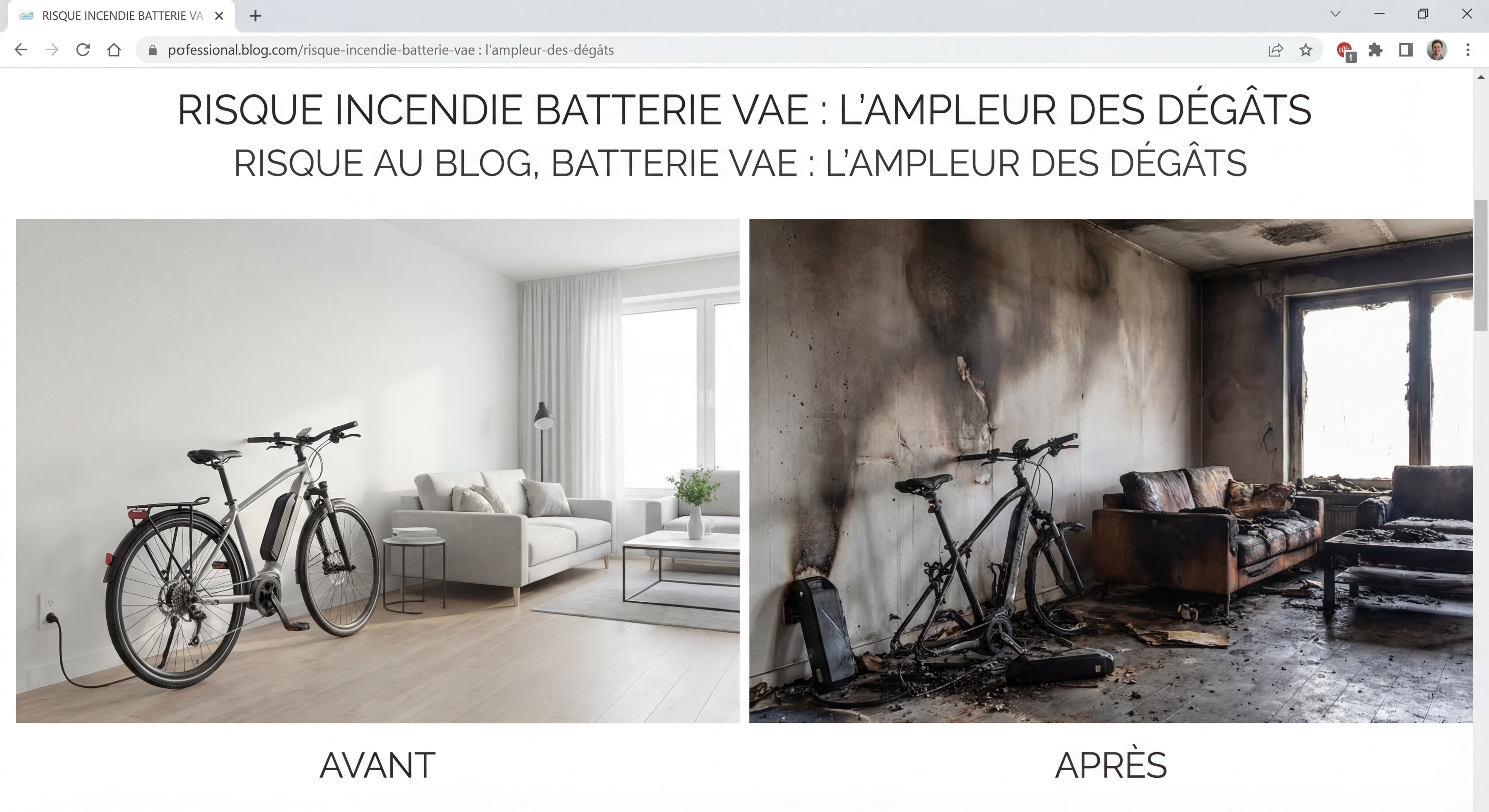 Photo avant-après d'un appartement touché par un incendie de batterie VAE, montrant l'ampleur des dégâts