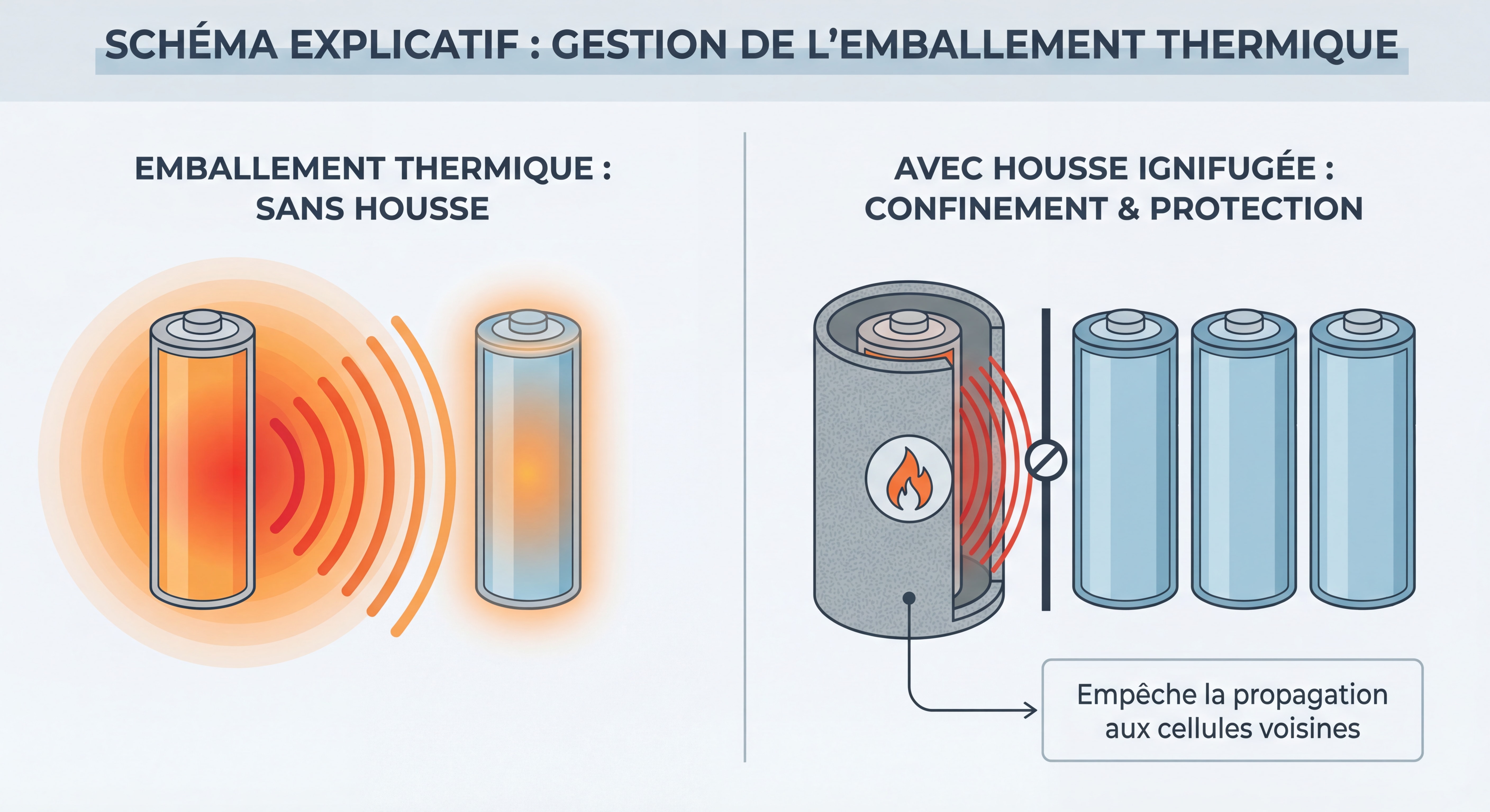 Schéma explicatif montrant comment une housse ignifugée contient l'emballement thermique et empêche la propagation aux batteries adjacentes