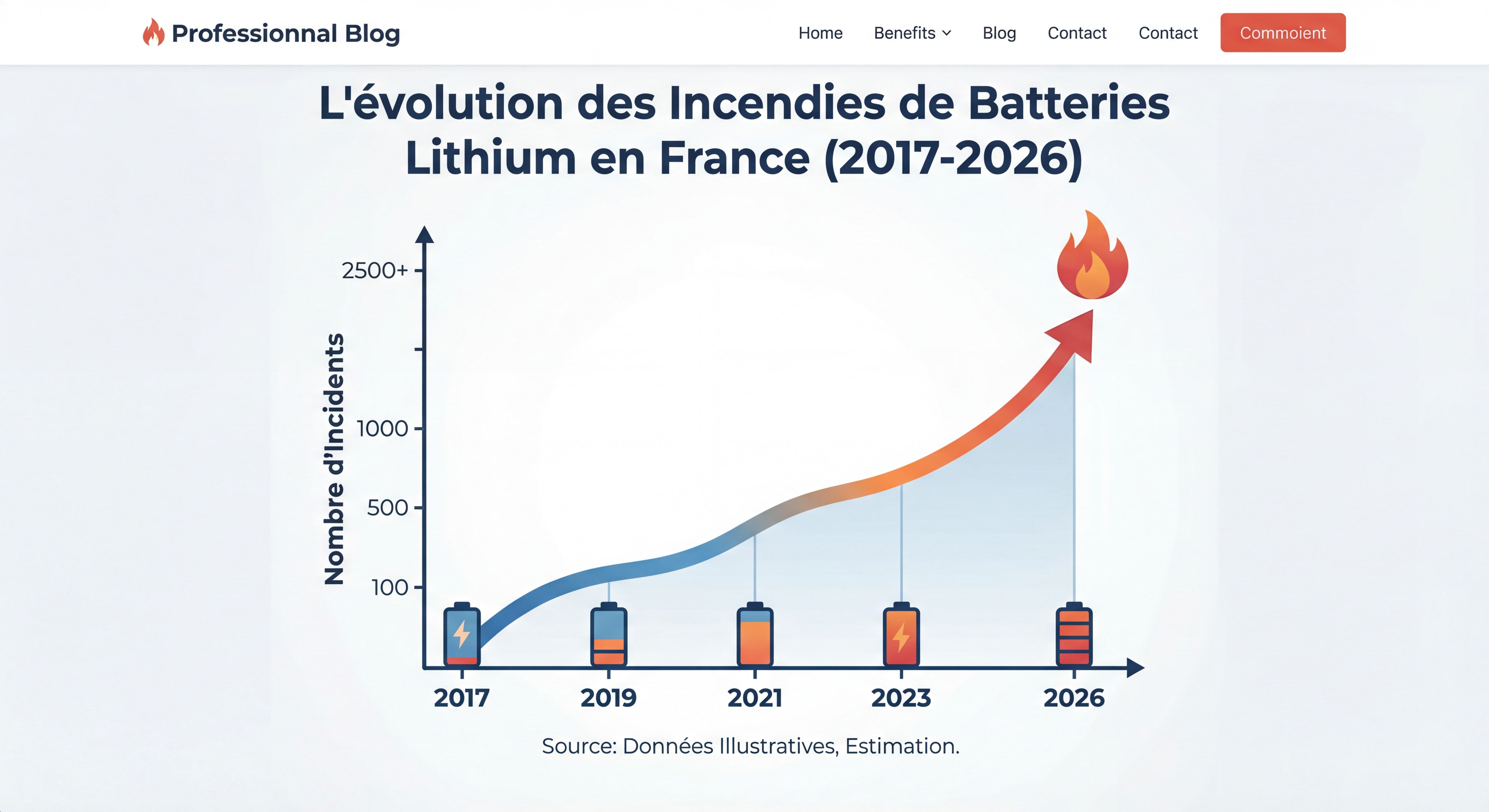 Infographie montrant l'évolution des incendies de batteries lithium en France entre 2017 et 2026 avec courbe ascendante