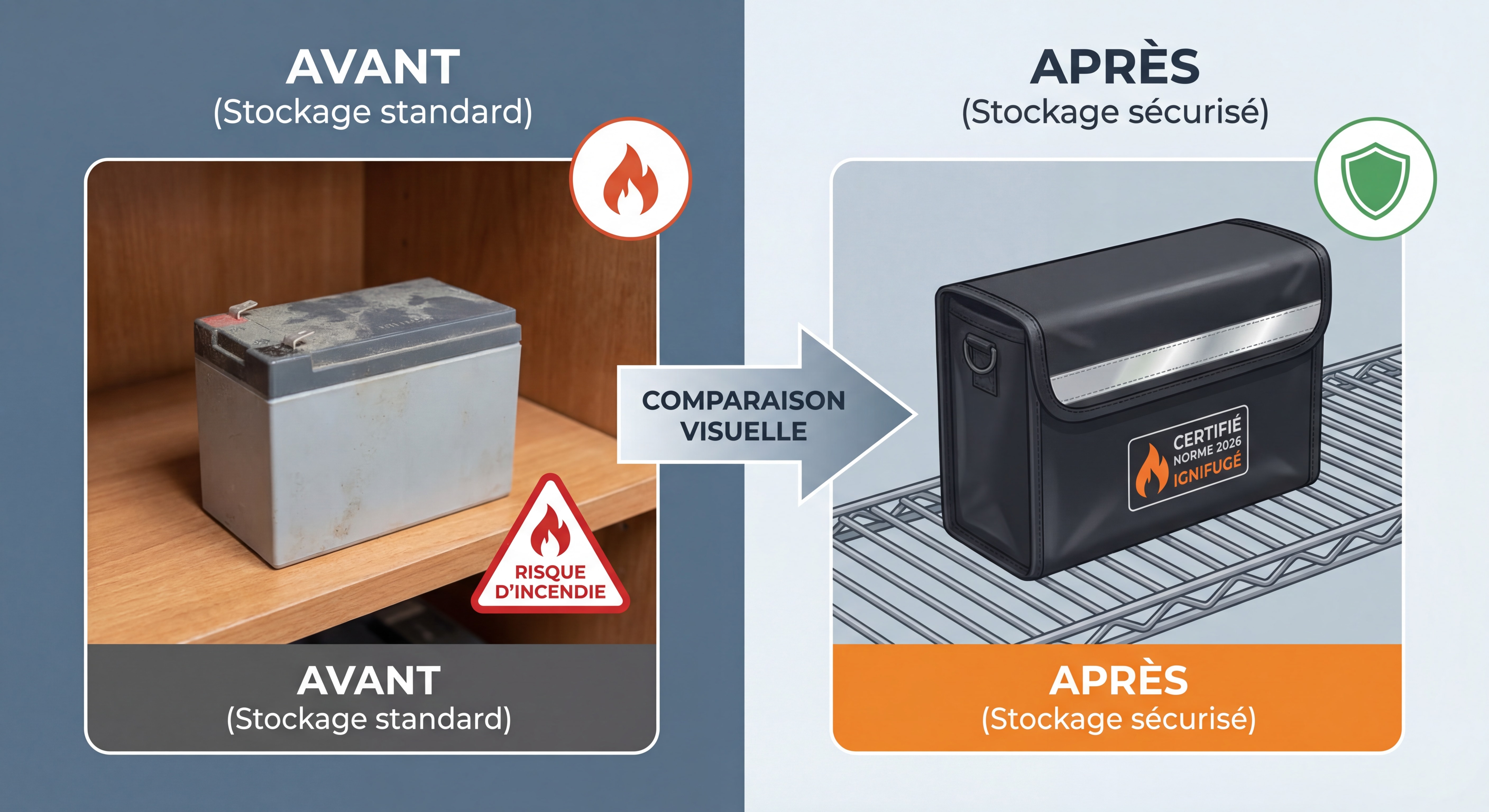 Comparaison visuelle avant-après montrant une batterie stockée sans protection versus dans une housse ignifugée certifiée aux normes 2026