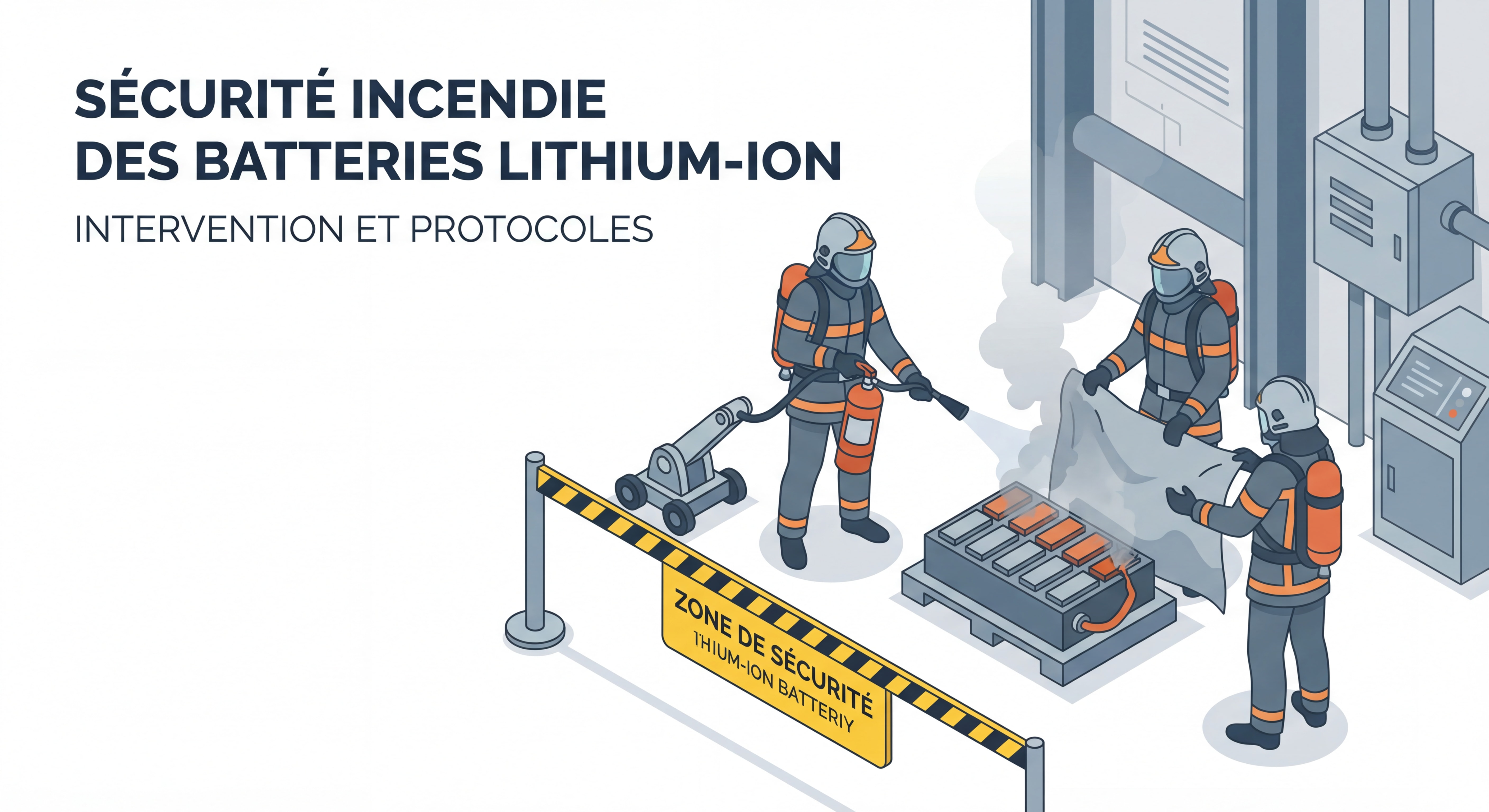 Pompiers intervenant sur un incendie de batterie lithium-ion avec équipement spécialisé et zone de sécurité délimitée
