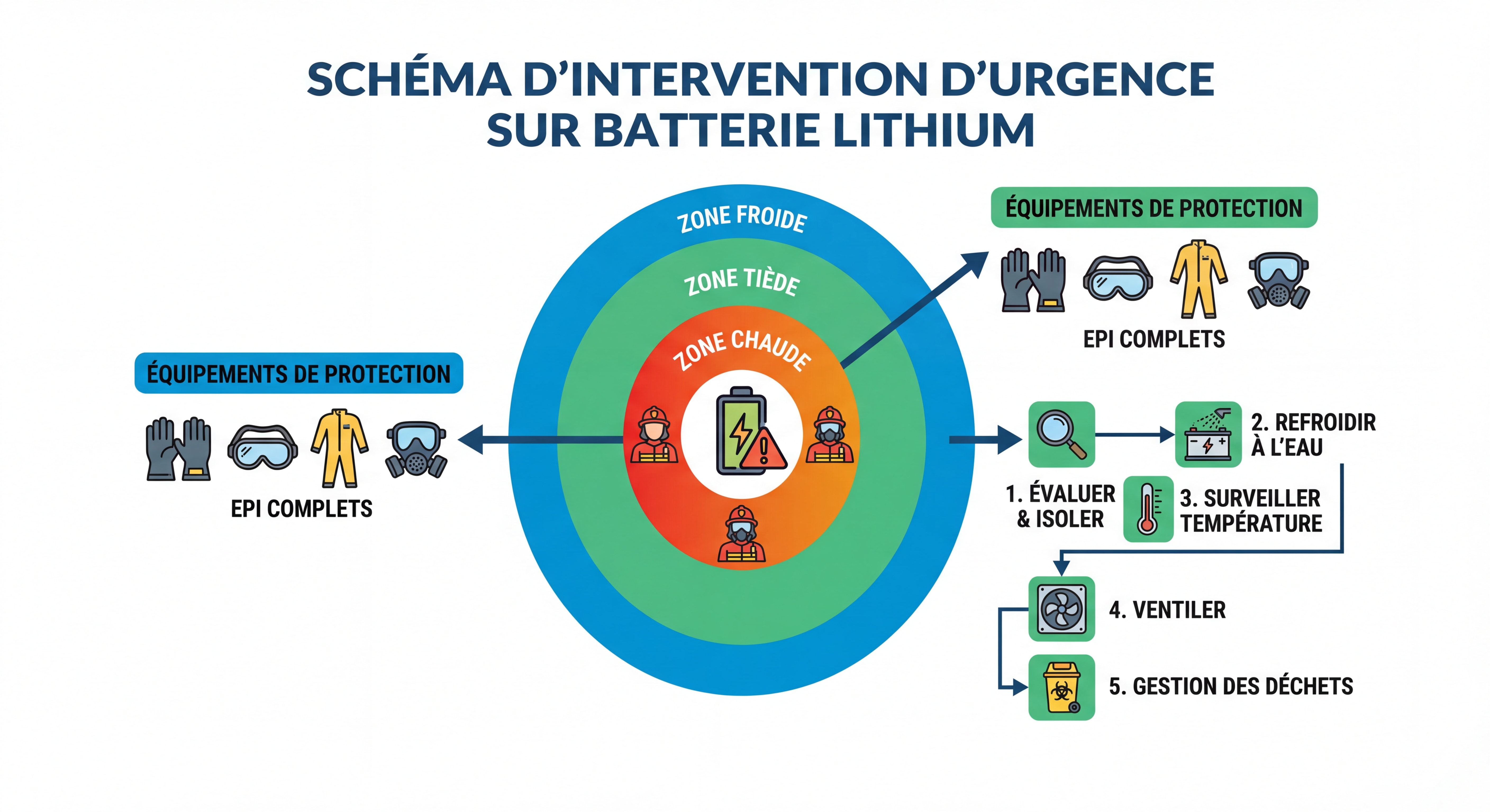 Schéma d'intervention d'urgence sur batterie lithium montrant les zones de sécurité, équipements de protection et procédures de refroidissement