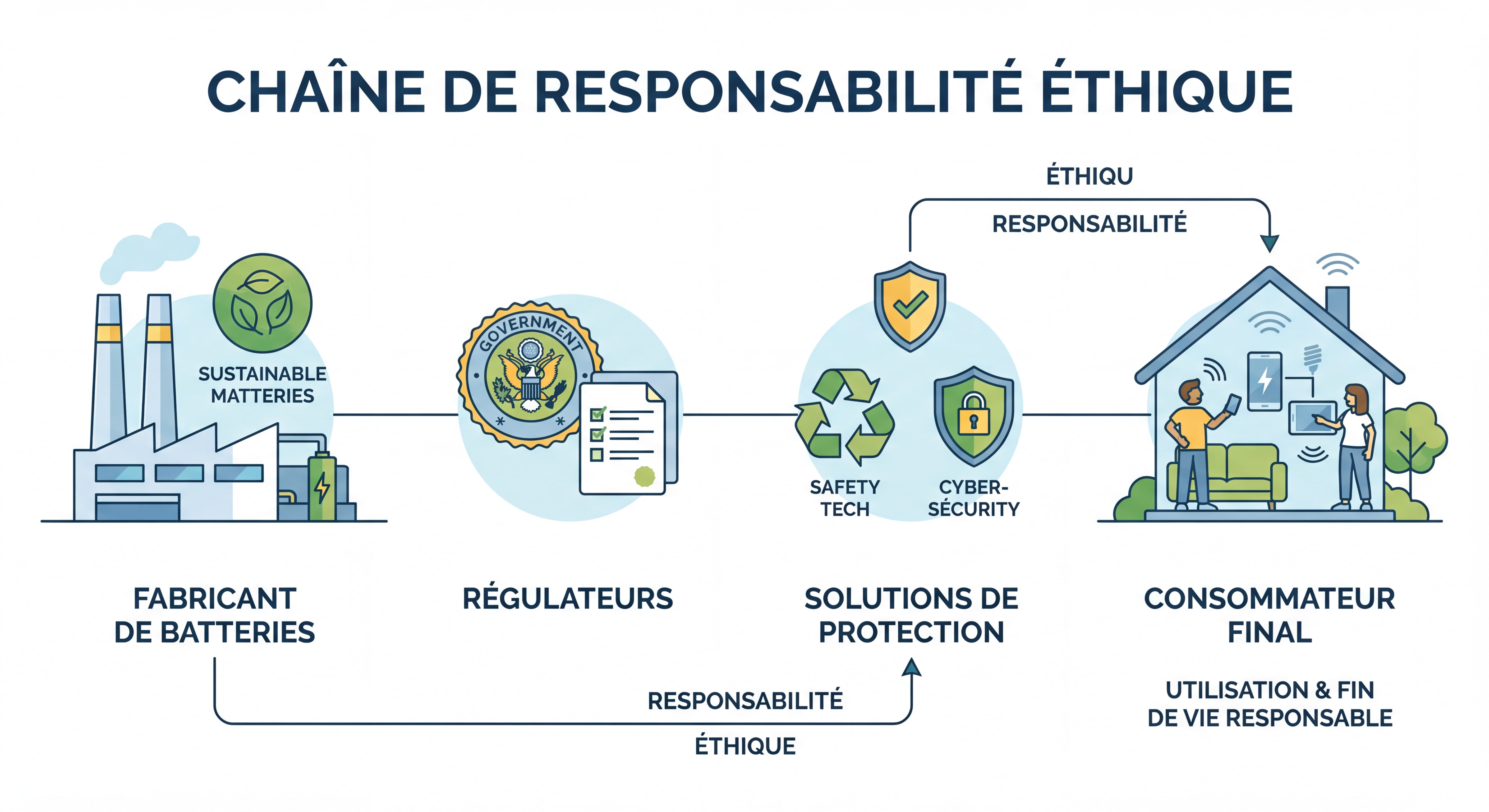 Schéma illustrant la chaîne de responsabilité éthique - du fabricant de batteries au consommateur final, en passant par les régulateurs et les solutions de protection
