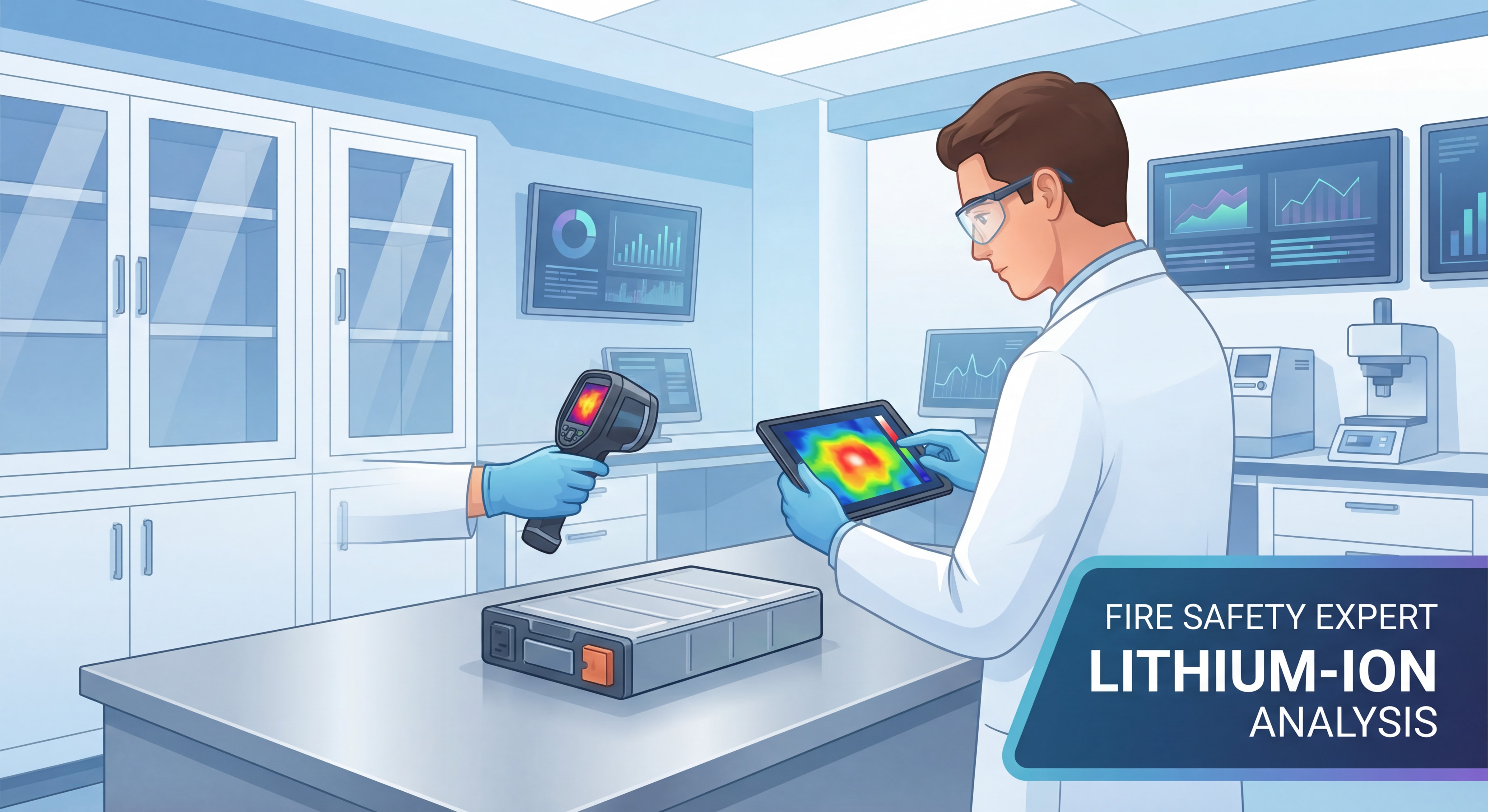 Expert en sécurité incendie analysant une batterie lithium-ion avec équipement de mesure thermique dans un laboratoire moderne