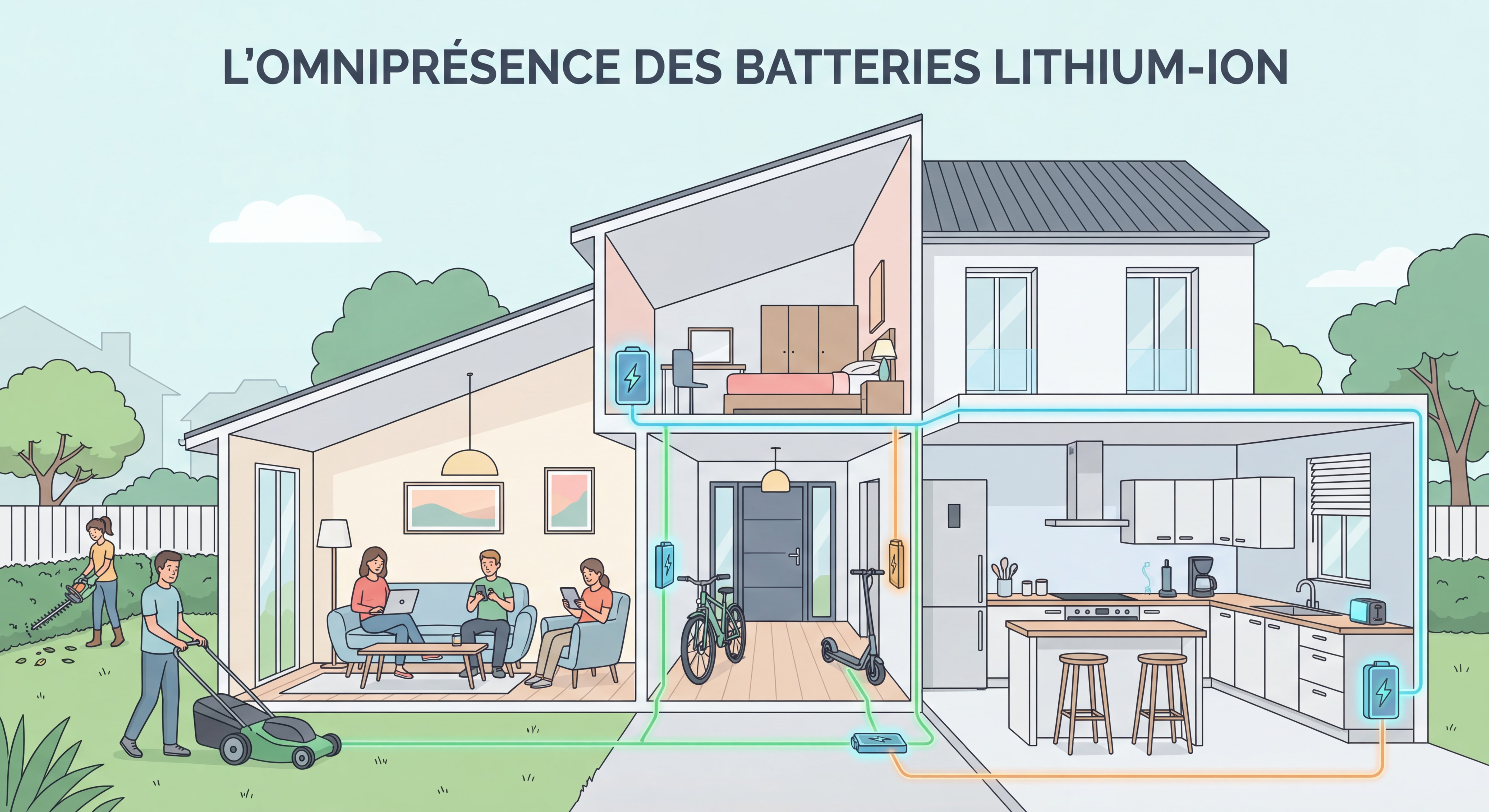 Illustration montrant l'omniprésence des batteries lithium-ion dans un foyer moderne français - vélo électrique, trottinette, ordinateur, téléphone, outils de jardinage