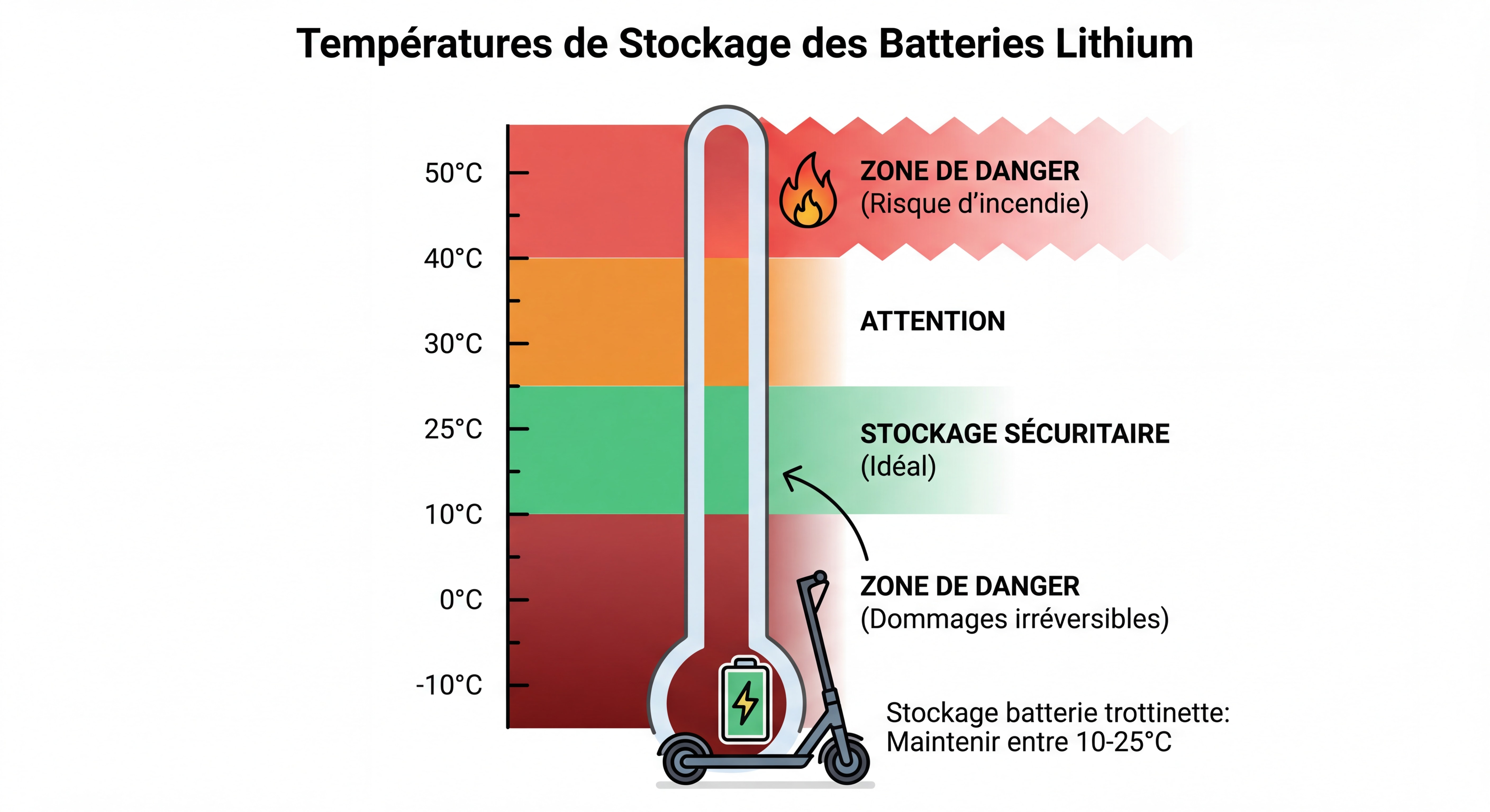 Infographie montrant les températures de stockage sécuritaires pour batteries lithium avec zones de danger en rouge - stockage batterie trottinette