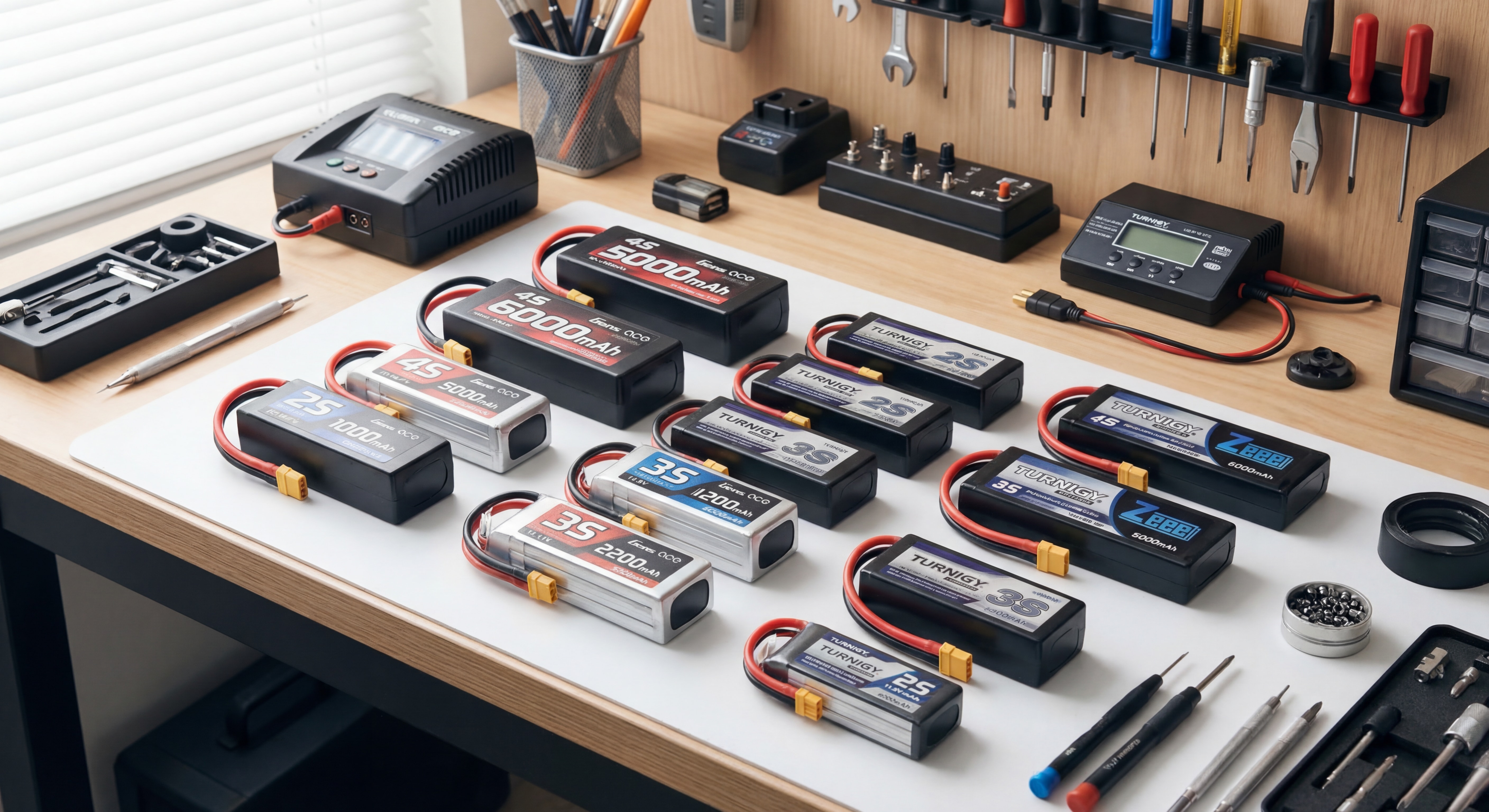 Collection de batteries LiPo RC de différentes capacités avec étiquettes de voltage visibles, disposées sur un établi de modéliste