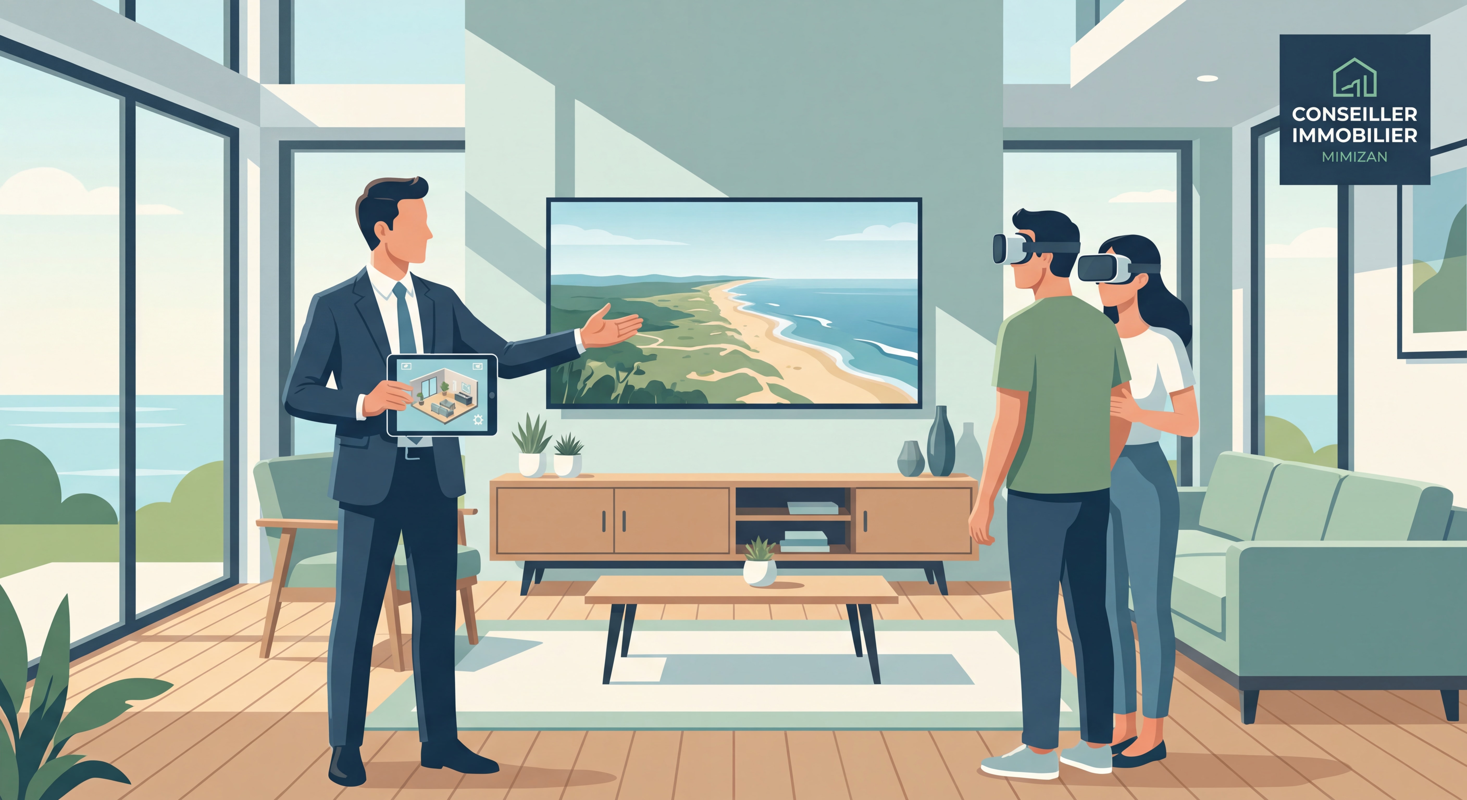 Conseiller immobilier présentant un bien à Mimizan avec tablette et visite virtuelle, technologies modernes