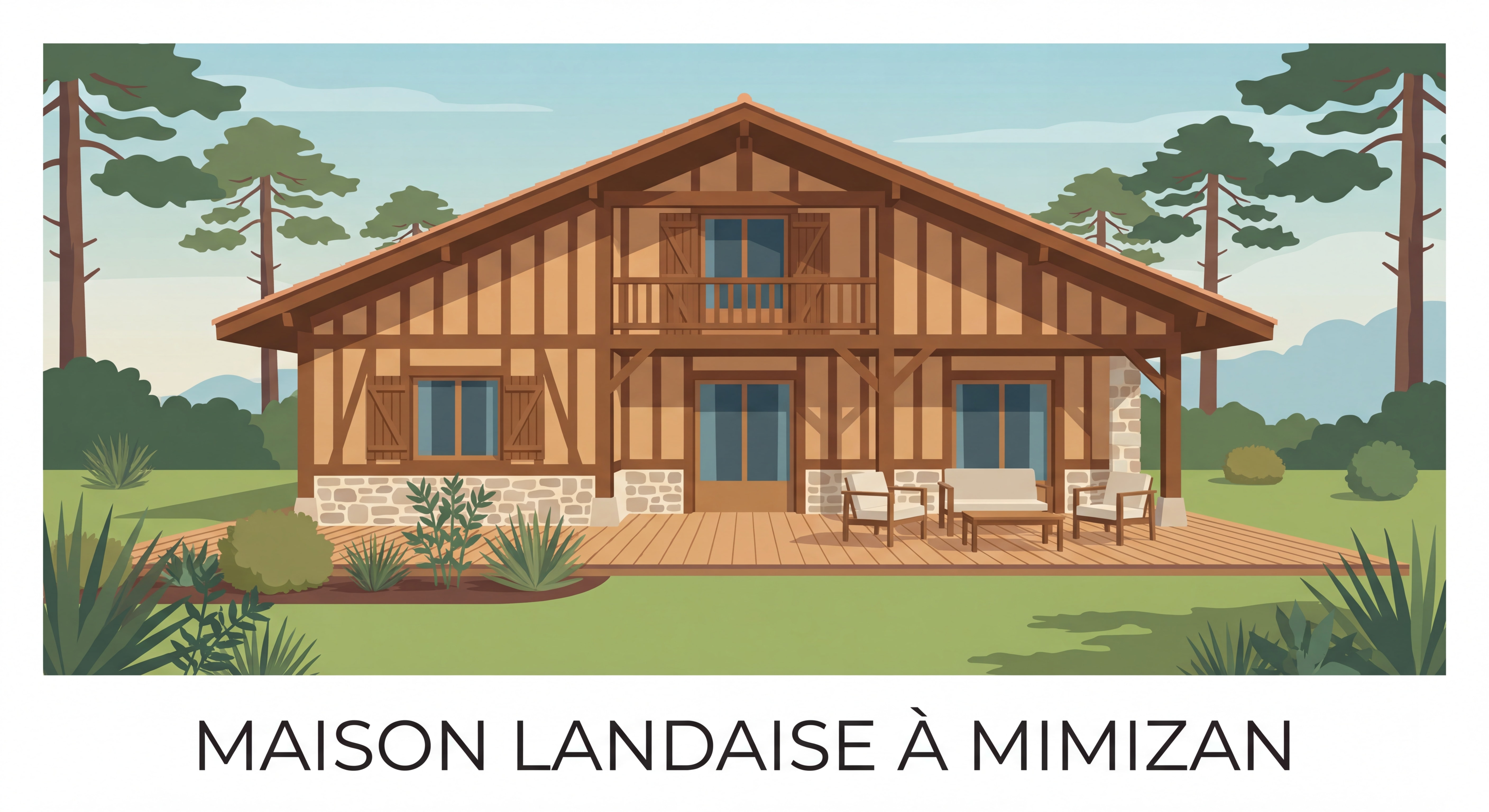 Maison typique landaise à Mimizan avec jardin et terrasse, architecture traditionnelle bois et pierre
