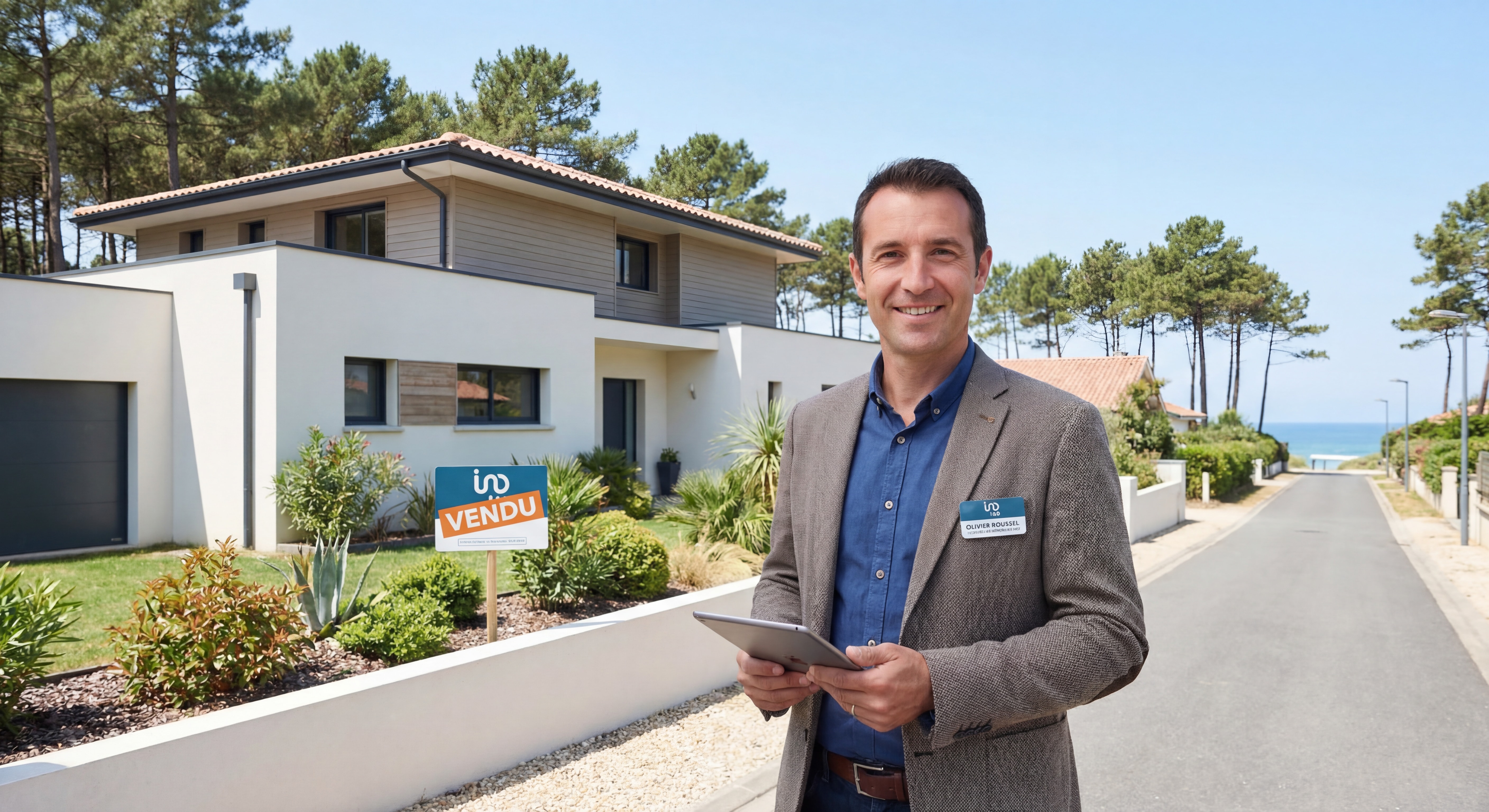 Photo professionnelle d'Olivier Roussel conseiller immobilier IAD devant une propriété à Mimizan
