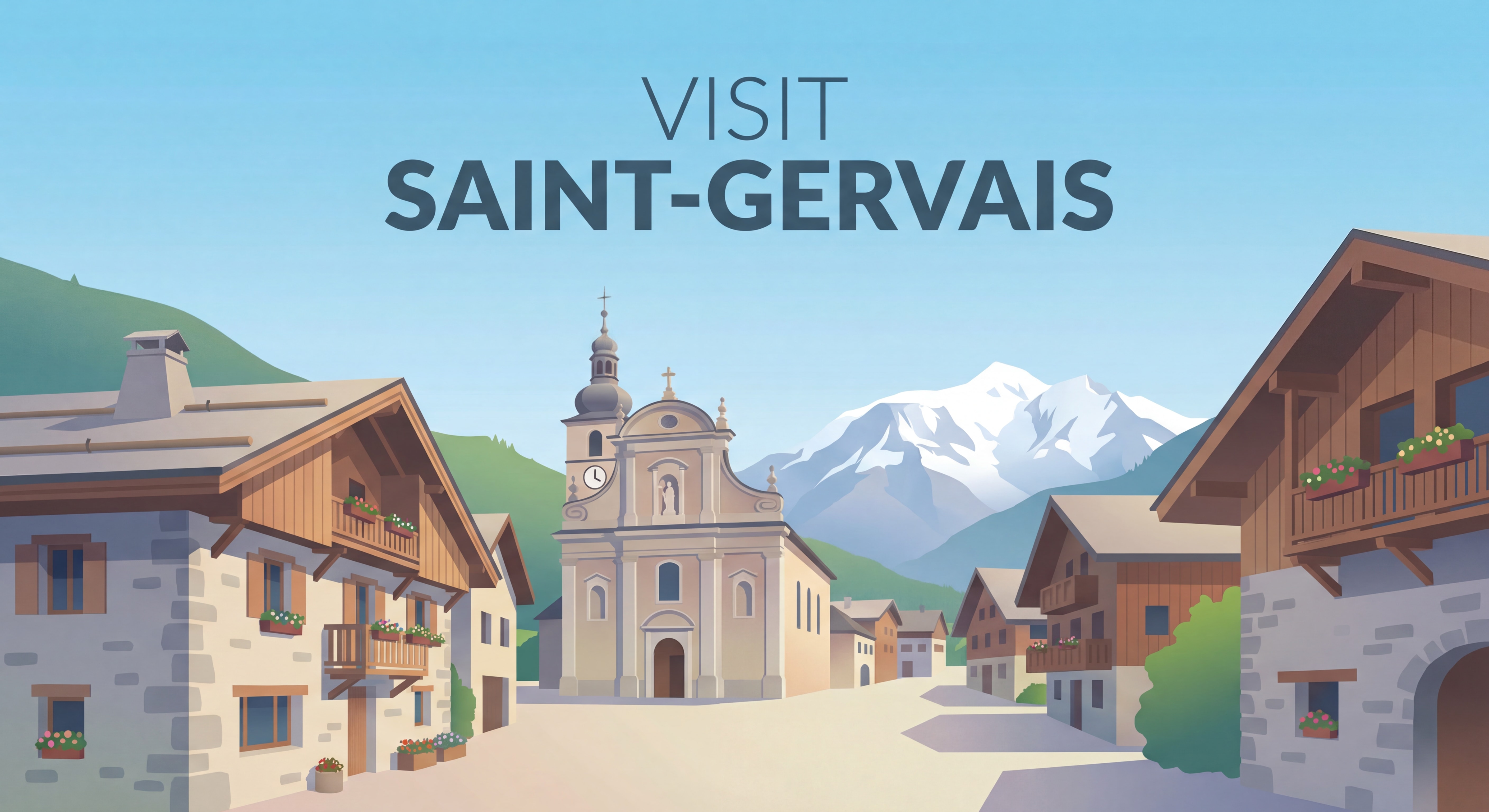 Village de Saint-Gervais-les-Bains avec son architecture savoyarde traditionnelle, église baroque et Mont Blanc en arrière-plan