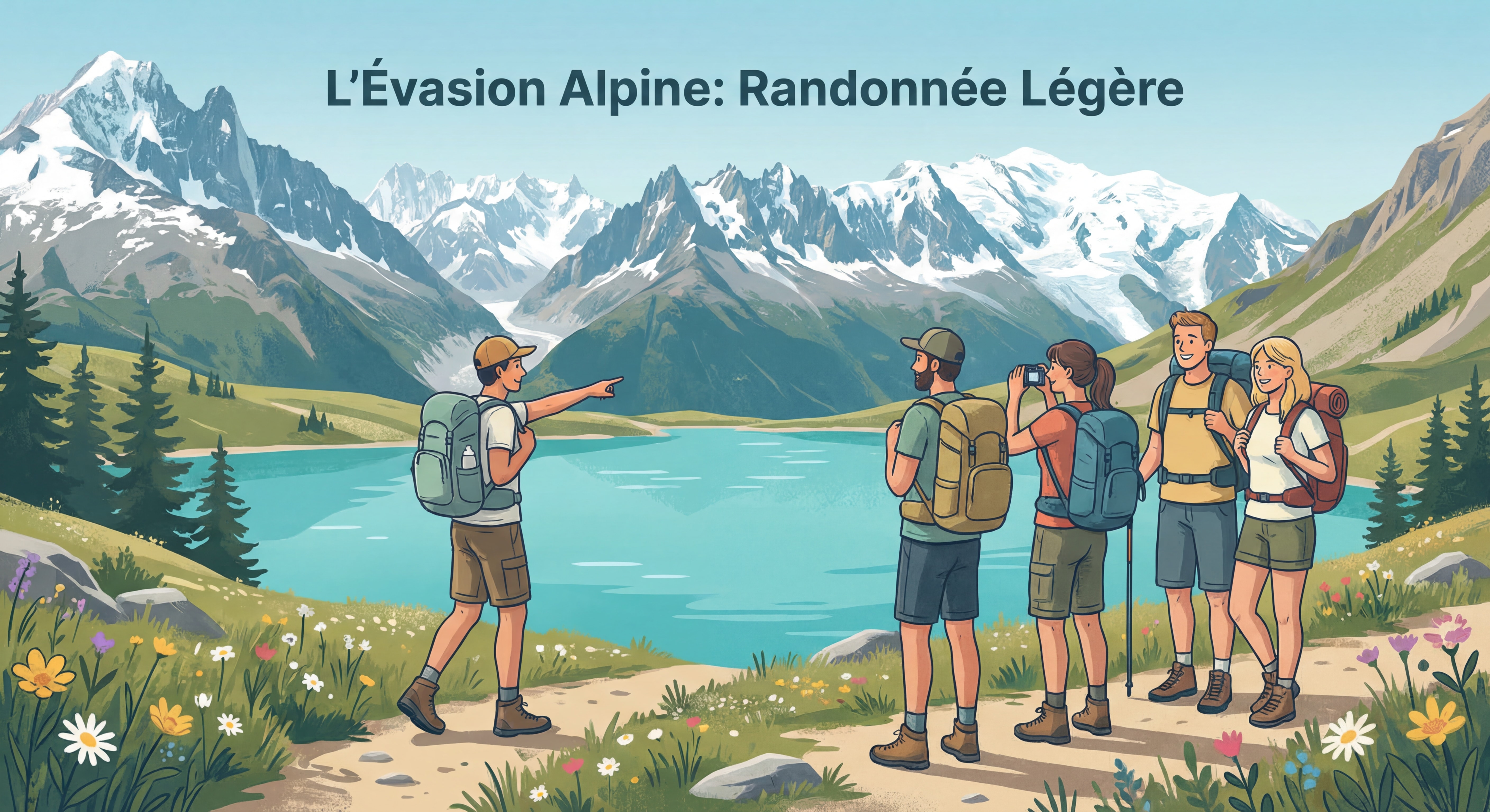 Petit groupe de randonneurs avec sacs légers admirant un lac d'altitude aux eaux turquoise, sommets enneigés en arrière-plan