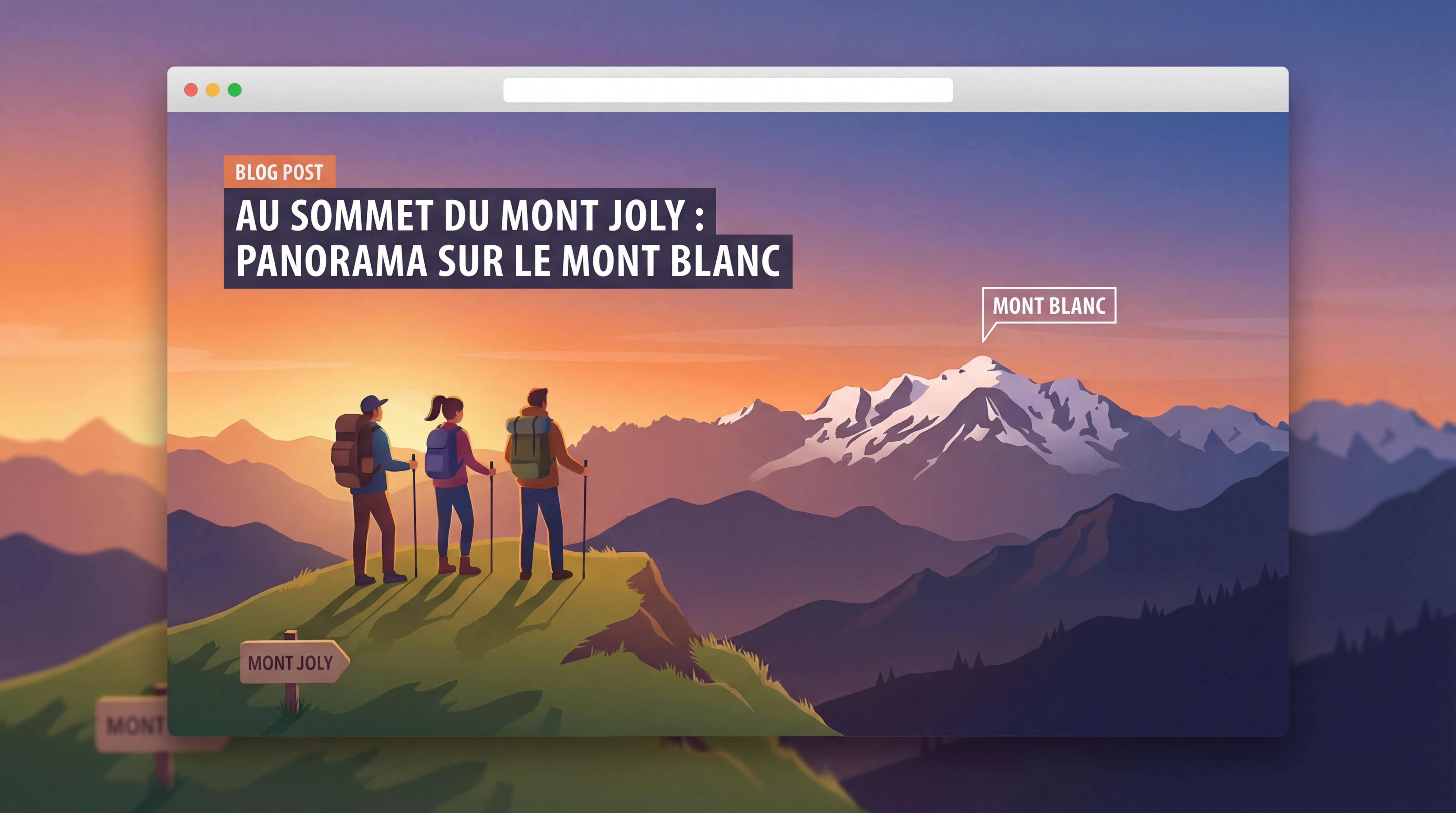 Randonneurs au sommet du Mont Joly contemplant le panorama sur la chaîne du Mont Blanc, ambiance lumière de fin de journée