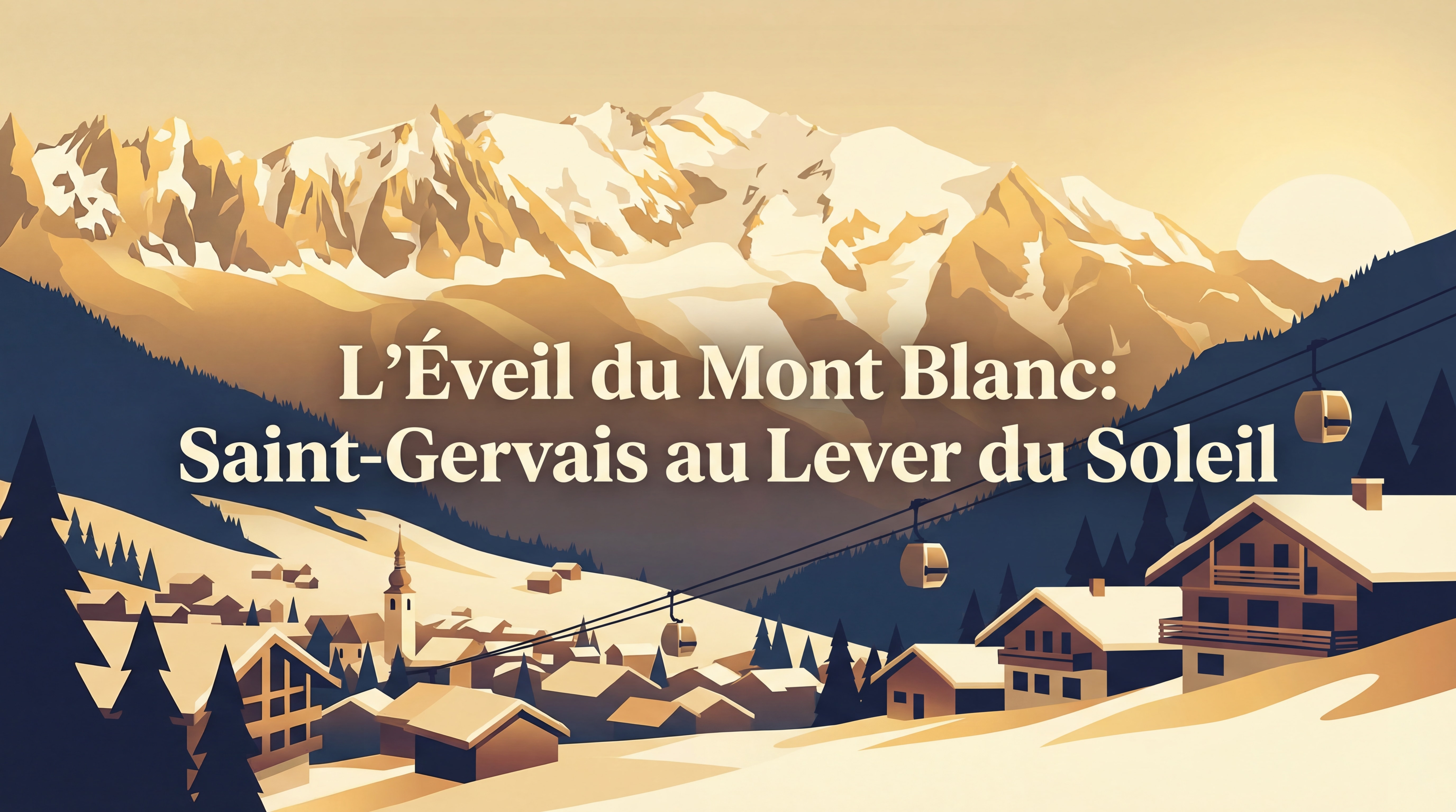 Vue panoramique sur le Mont Blanc depuis Saint-Gervais-les-Bains au lever du soleil, lumière dorée sur les sommets enneigés
