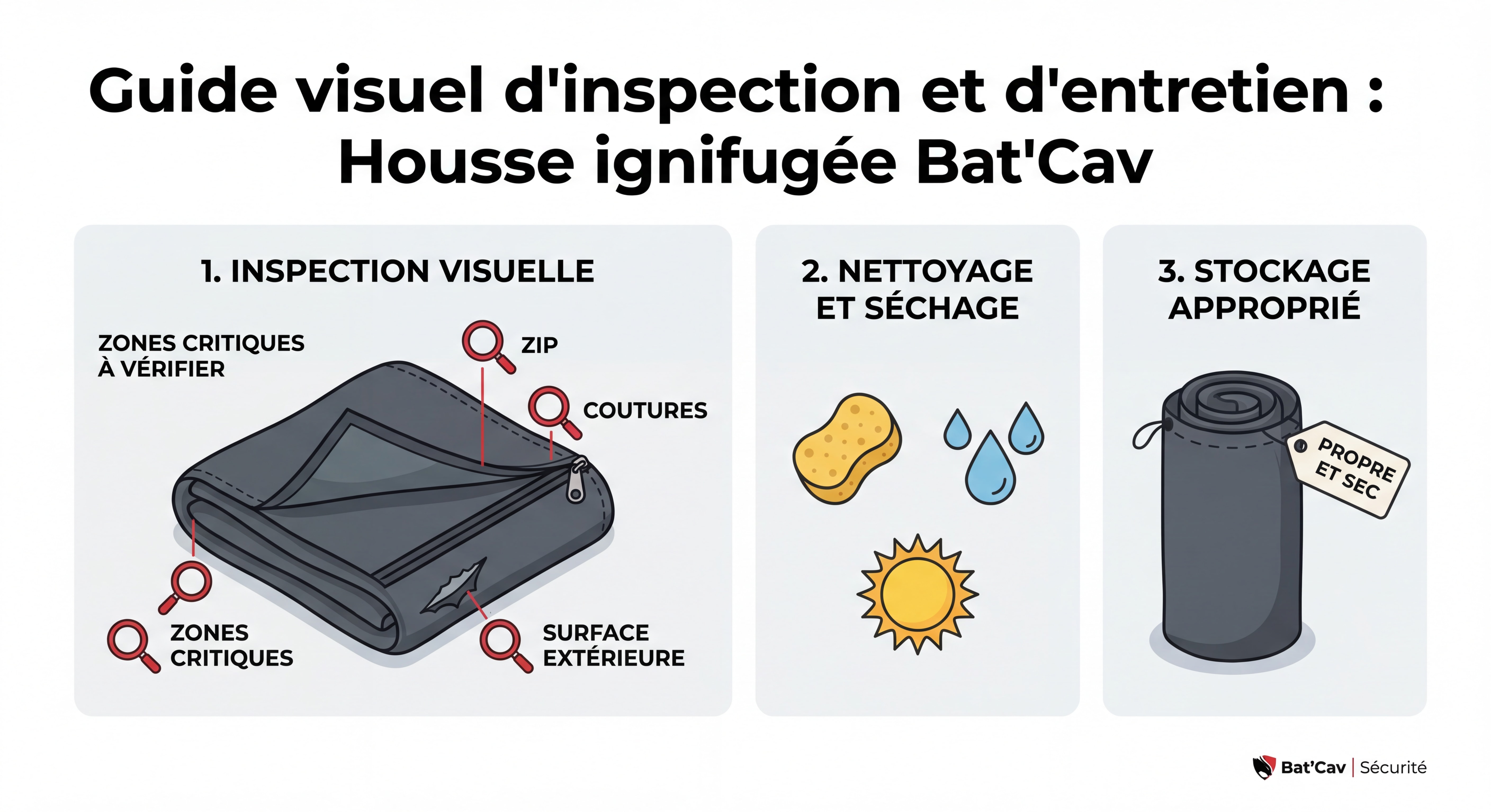 Guide visuel d'inspection et d'entretien d'une housse ignifugée Bat'Cav avec zones critiques à vérifier