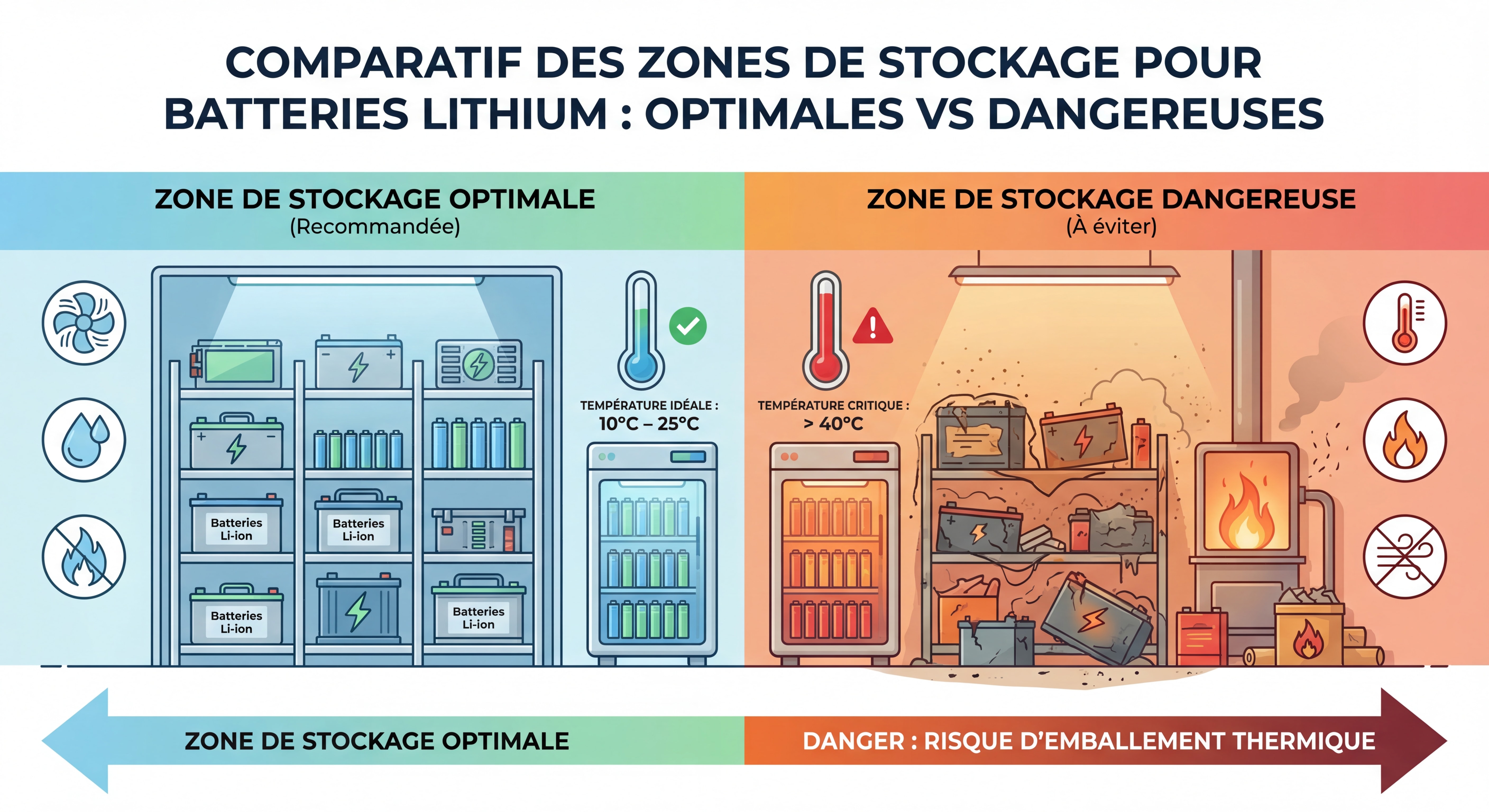 Diagramme comparatif des zones de stockage optimales vs dangereuses pour batteries lithium avec mesures de température