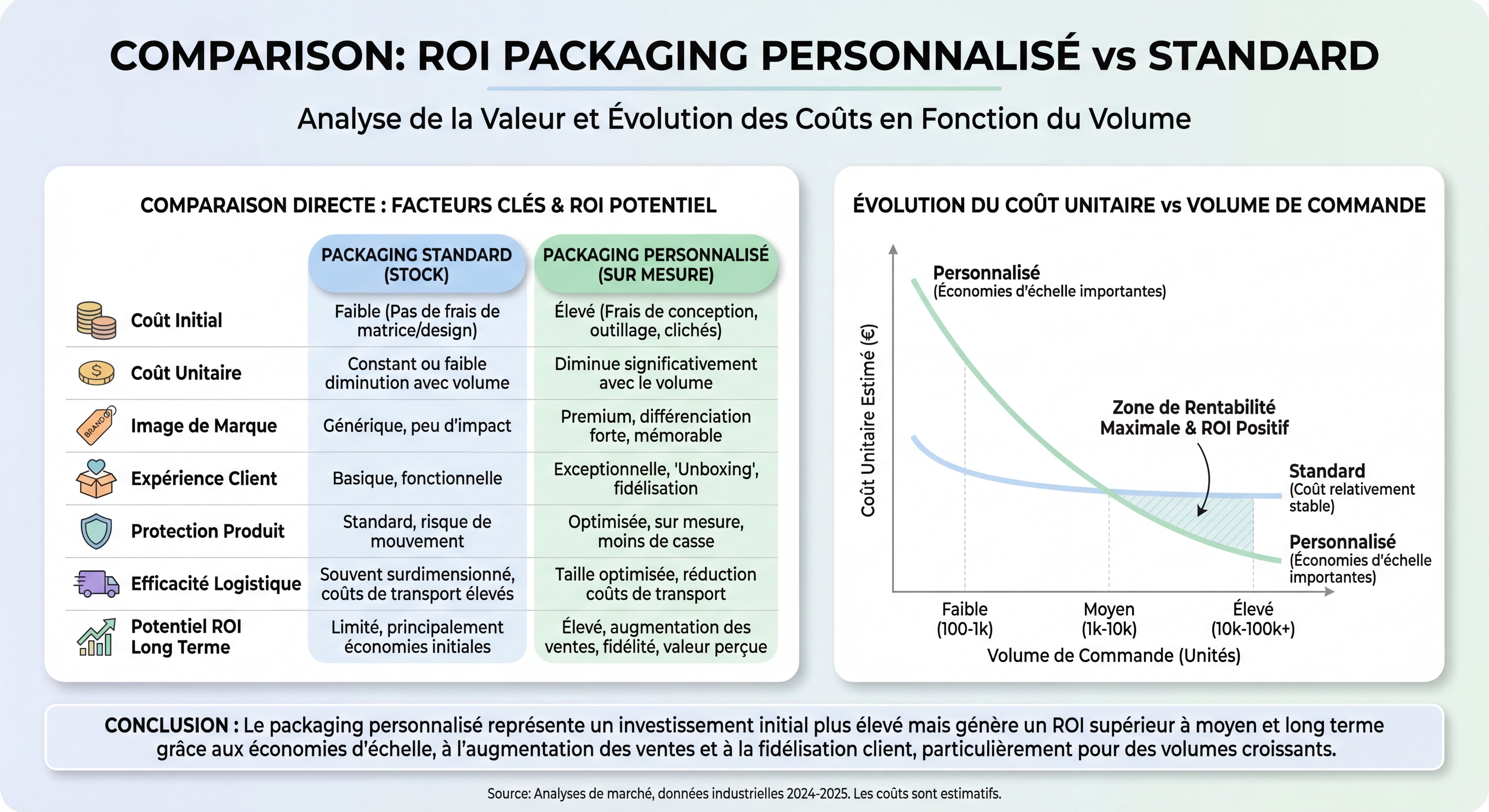 Infographie comparaison ROI packaging personnalisé vs standard avec graphique évolution coûts volumes