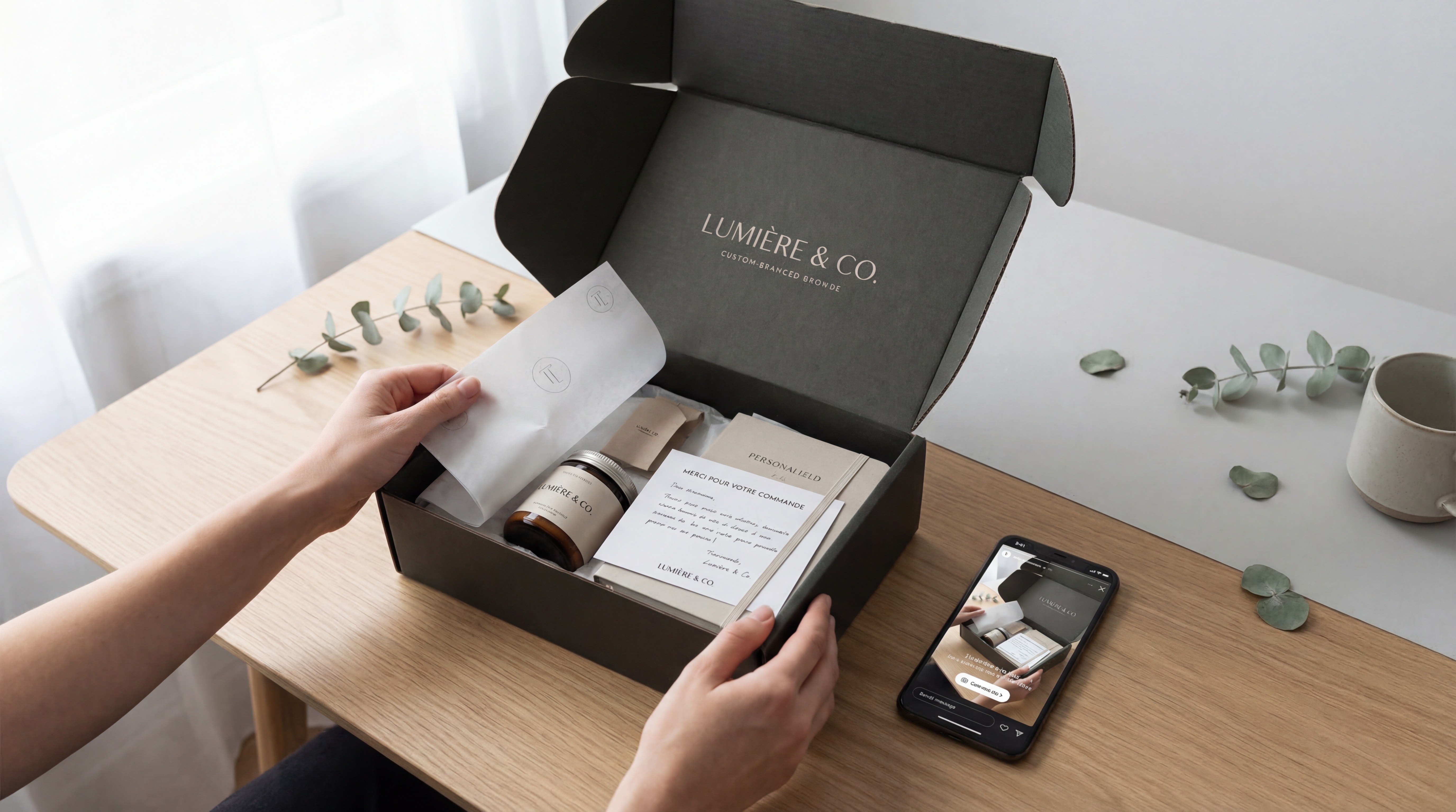 Expérience unboxing premium packaging personnalisé startup e-commerce vue du dessus lumière naturelle