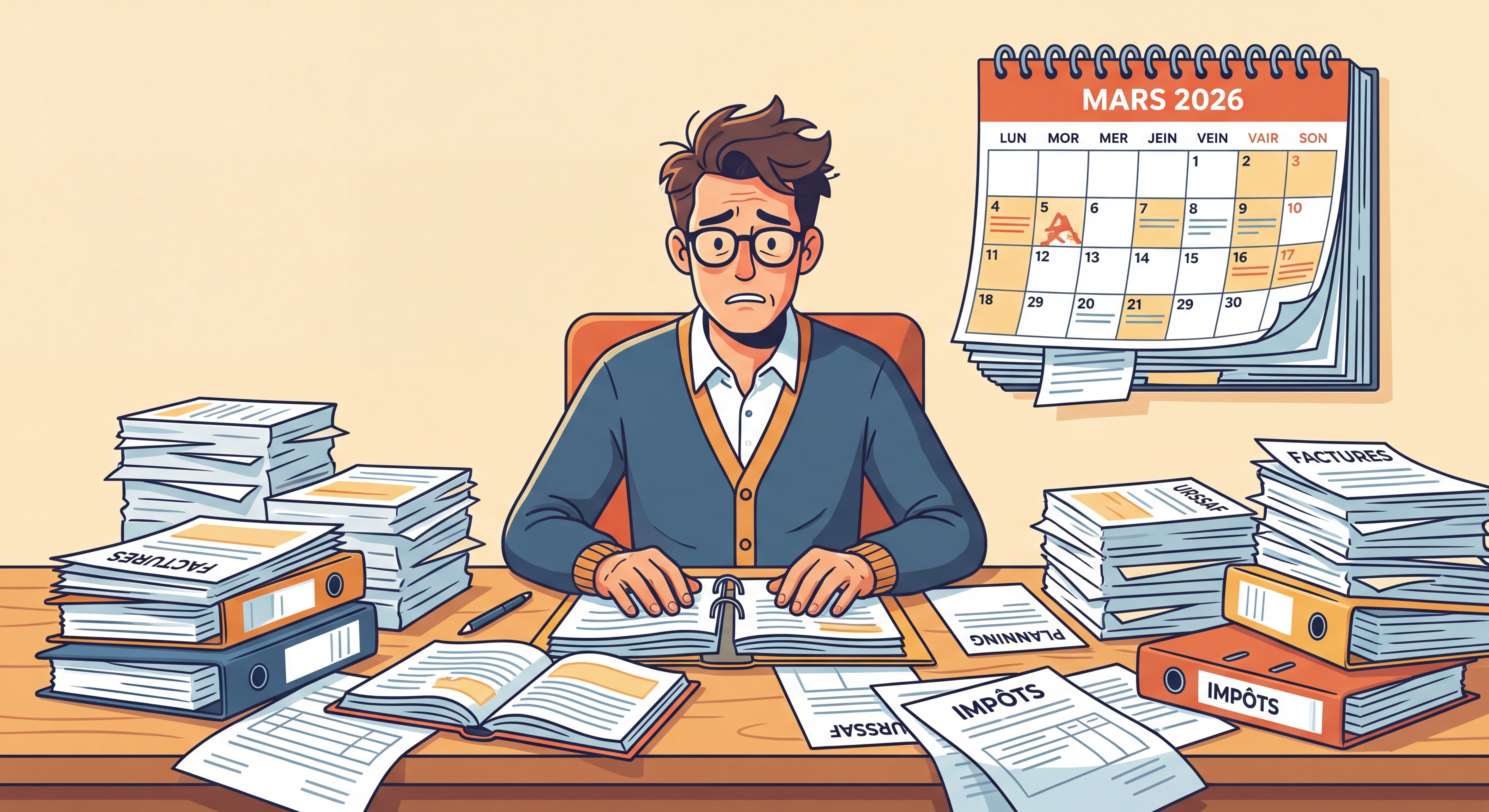 Professeur particulier débordé par la paperasse administrative, entouré de factures et de planning papier, illustration moderne et dynamique